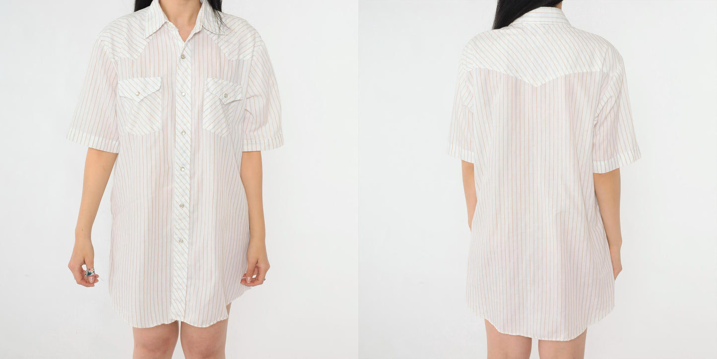 80s Corral West Ranchwear Pearl Snap Western Shirt Striped White Large