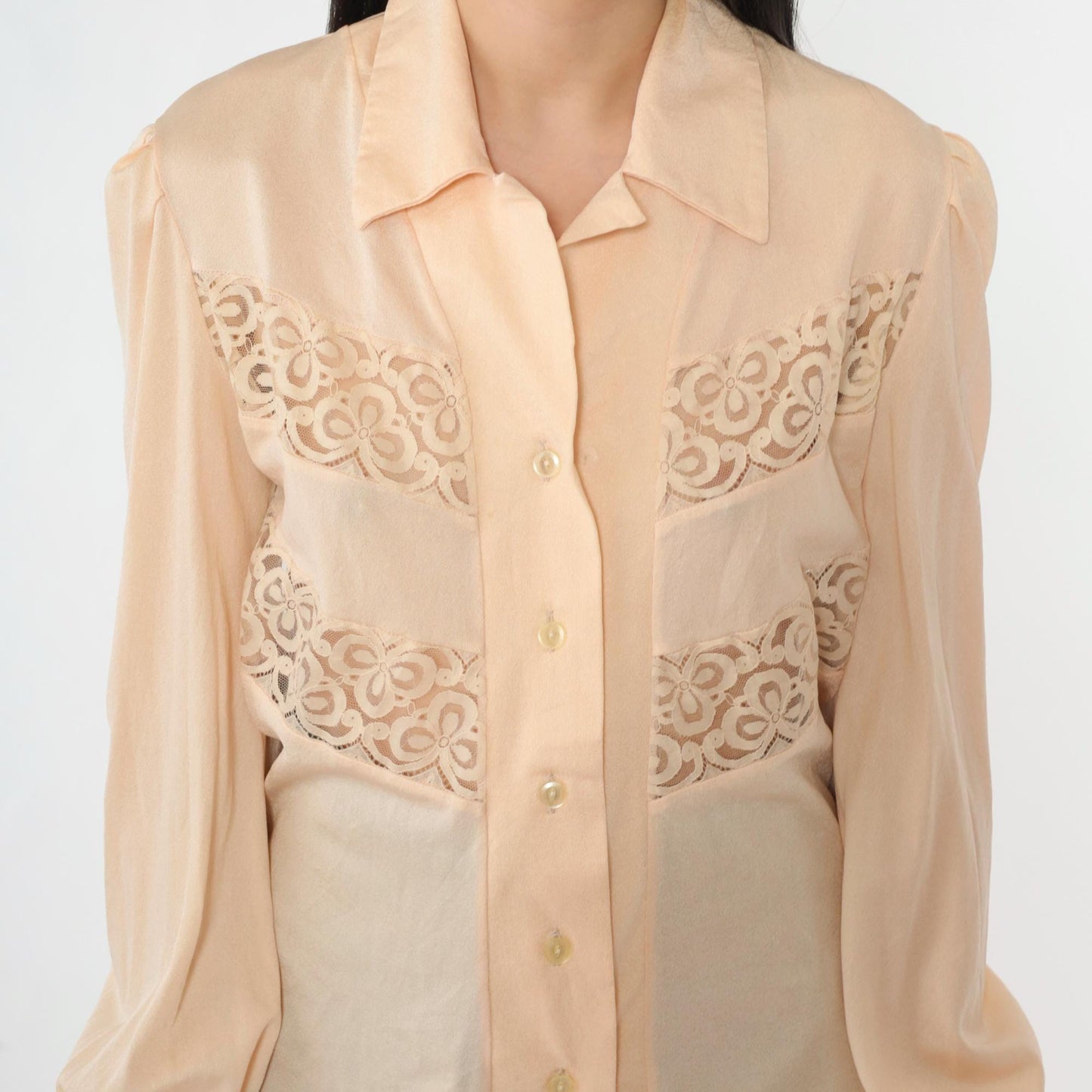 70s Peach Lace Blouse Puff Sleeve Button Up Sheer Cutwork Top Medium M