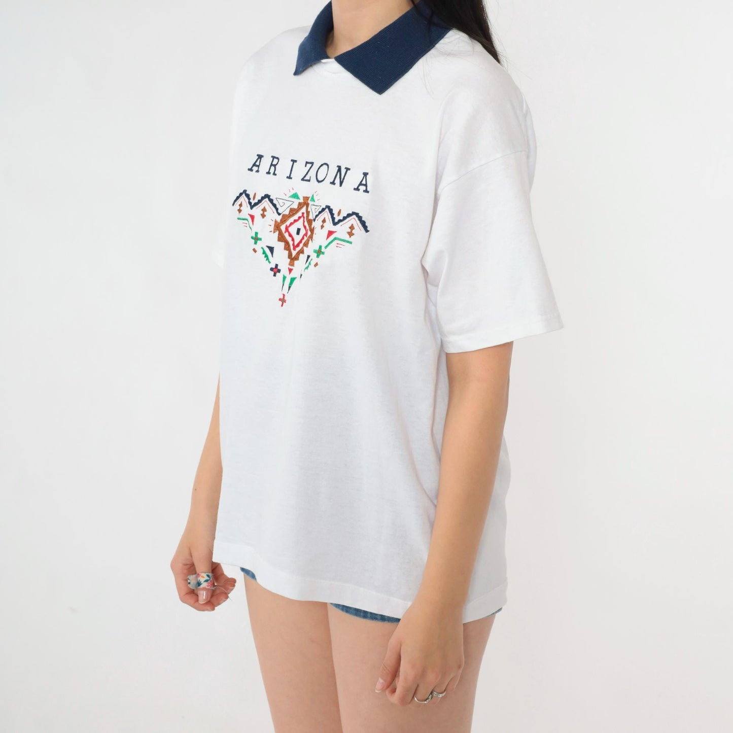 Y2K Arizona Embroidered Graphic T-Shirt White Collared Tee Large L