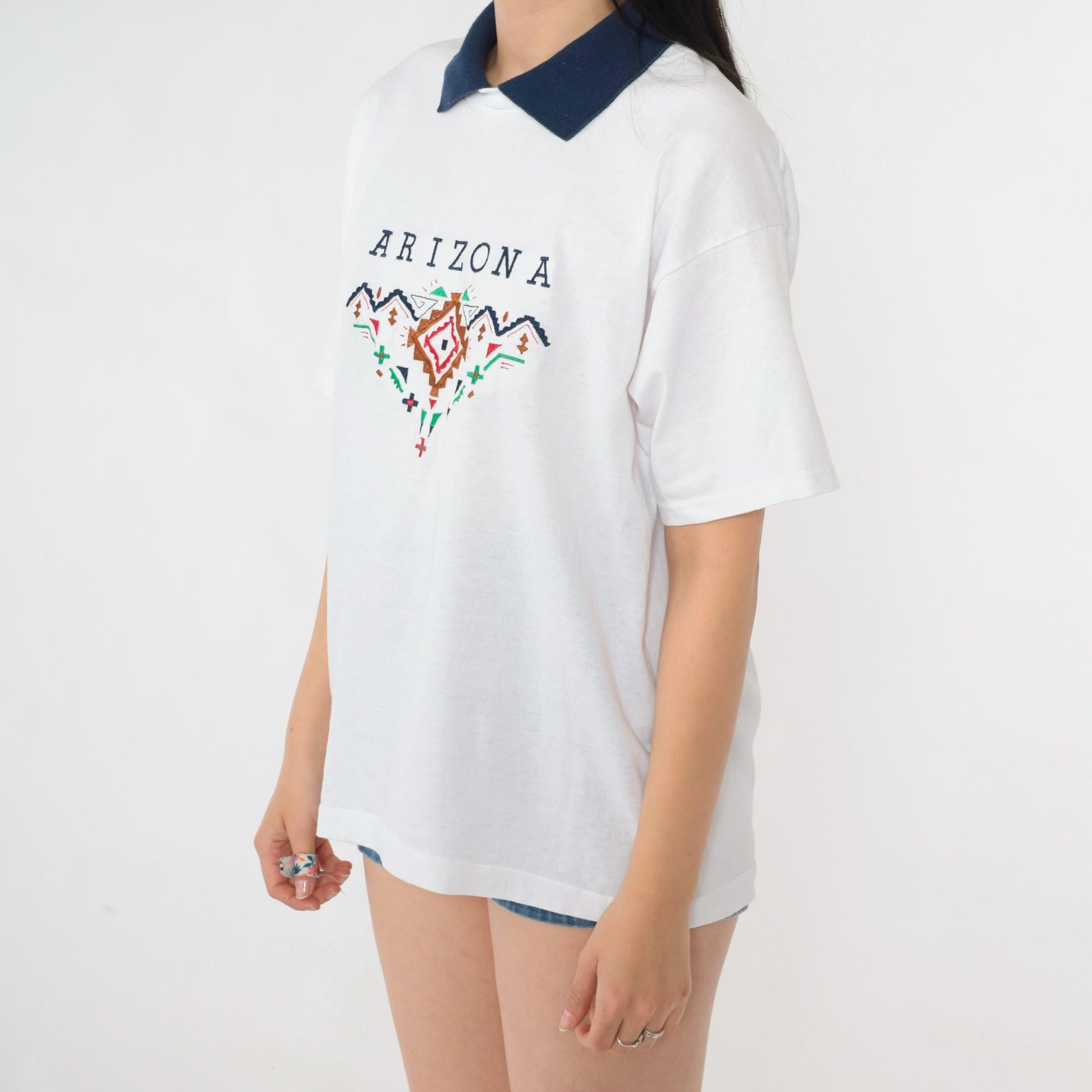 Y2K Arizona Embroidered Graphic T-Shirt White Collared Tee Large L