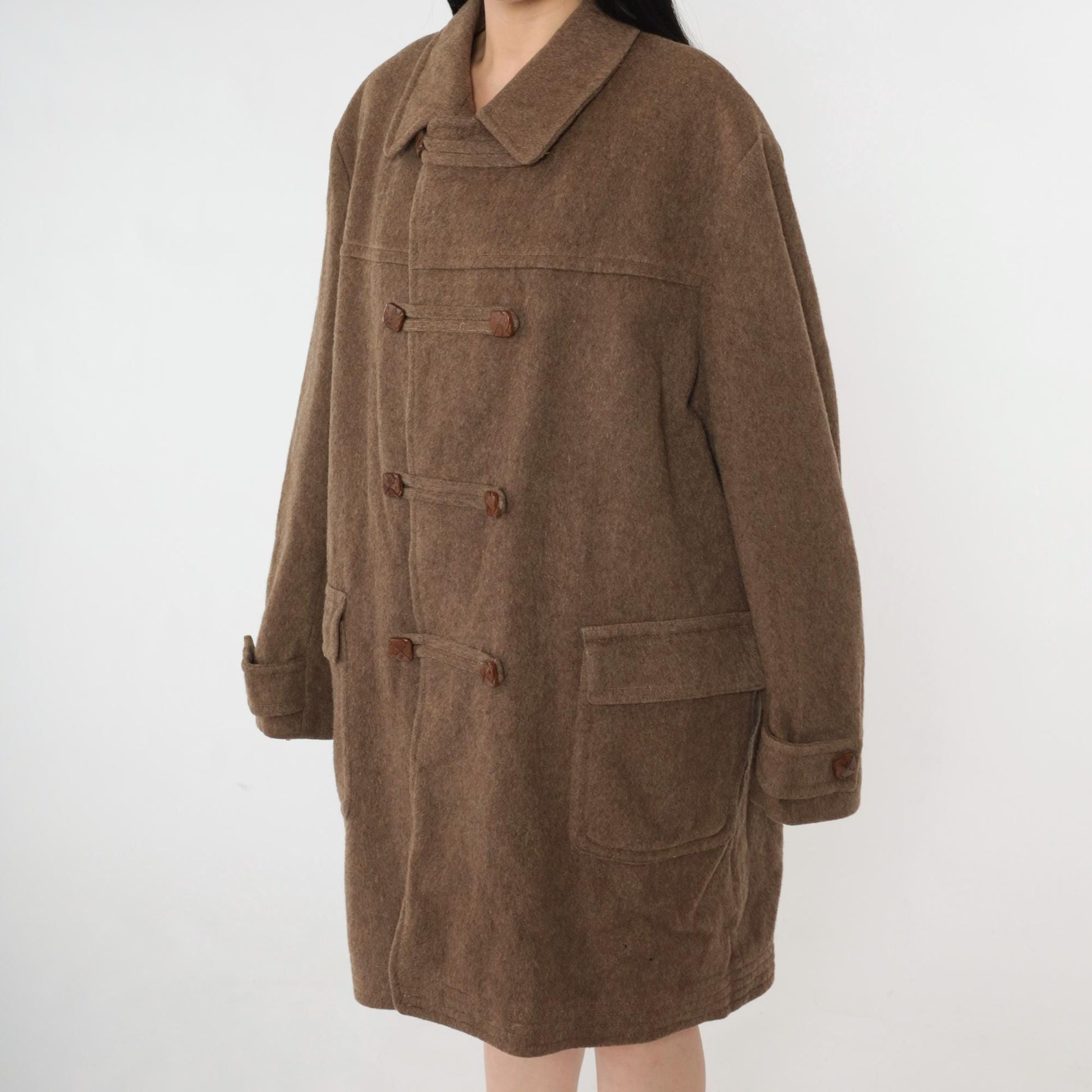 70s Loden King Alpine Wool Duffle Coat Brown Toggle Button Overcoat XL
