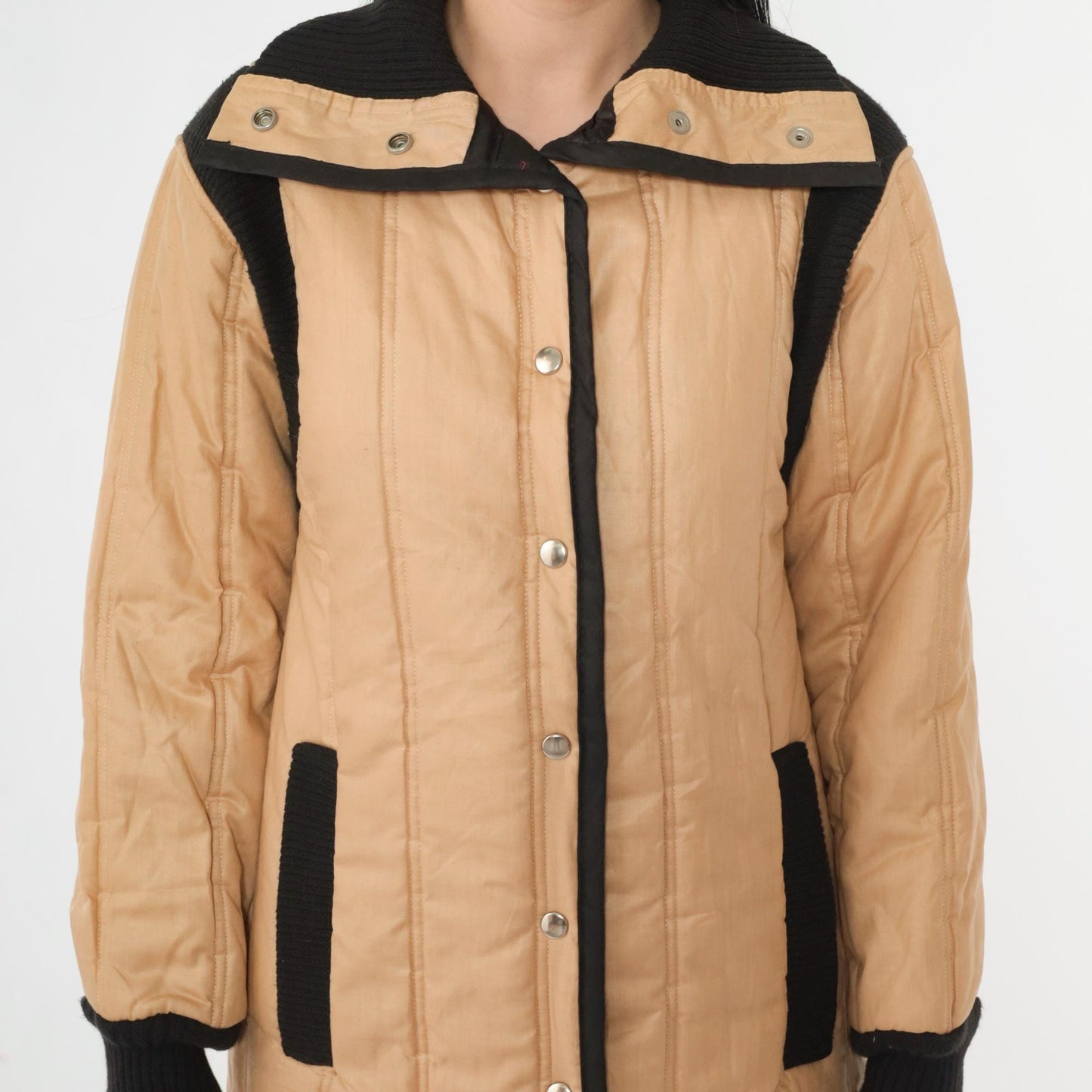 80s Furrrina Quilted Parka Tan Black Long Puffer Jacket Small