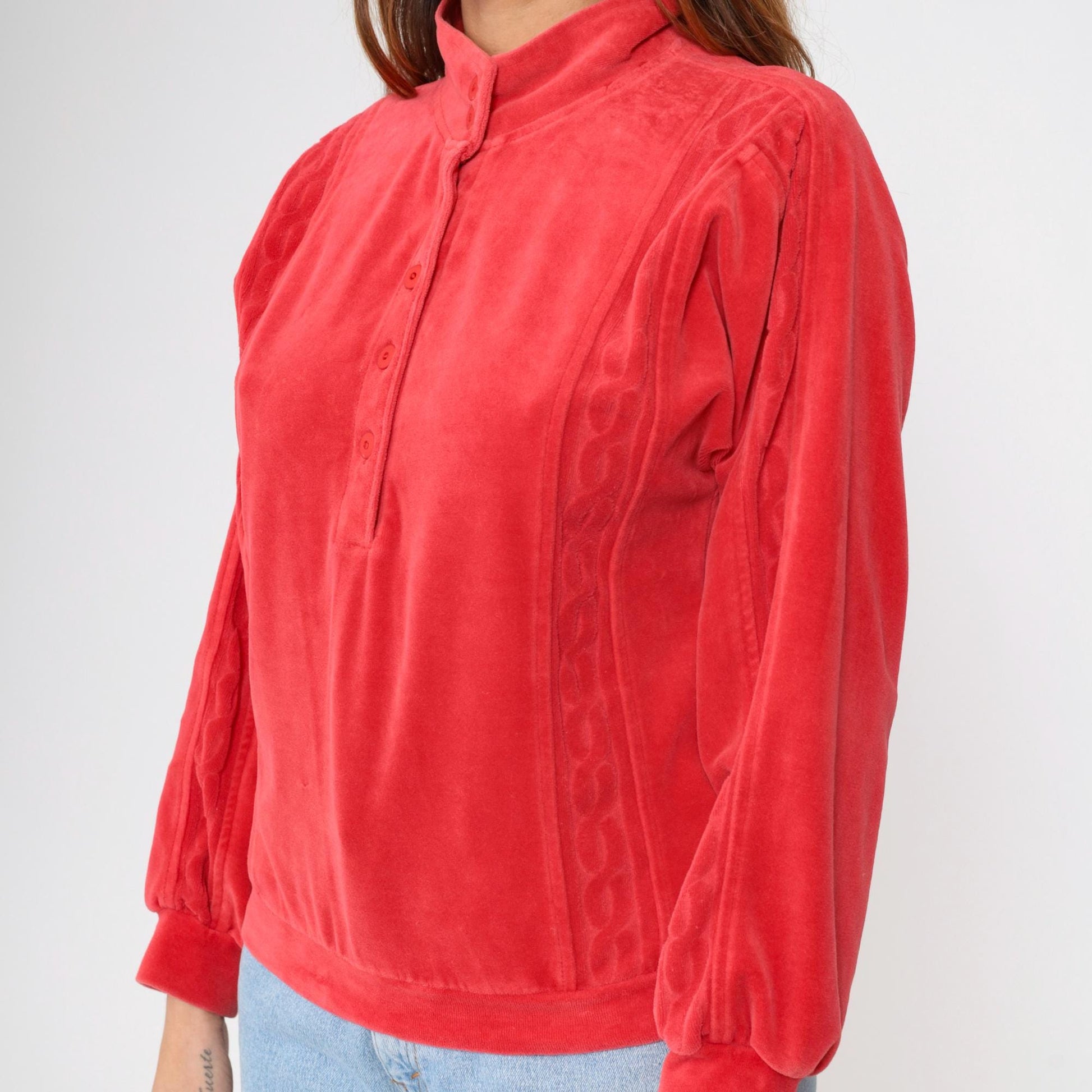 80s Red Velour Mock Neck Sweatshirt Button Front Pullover Medium M