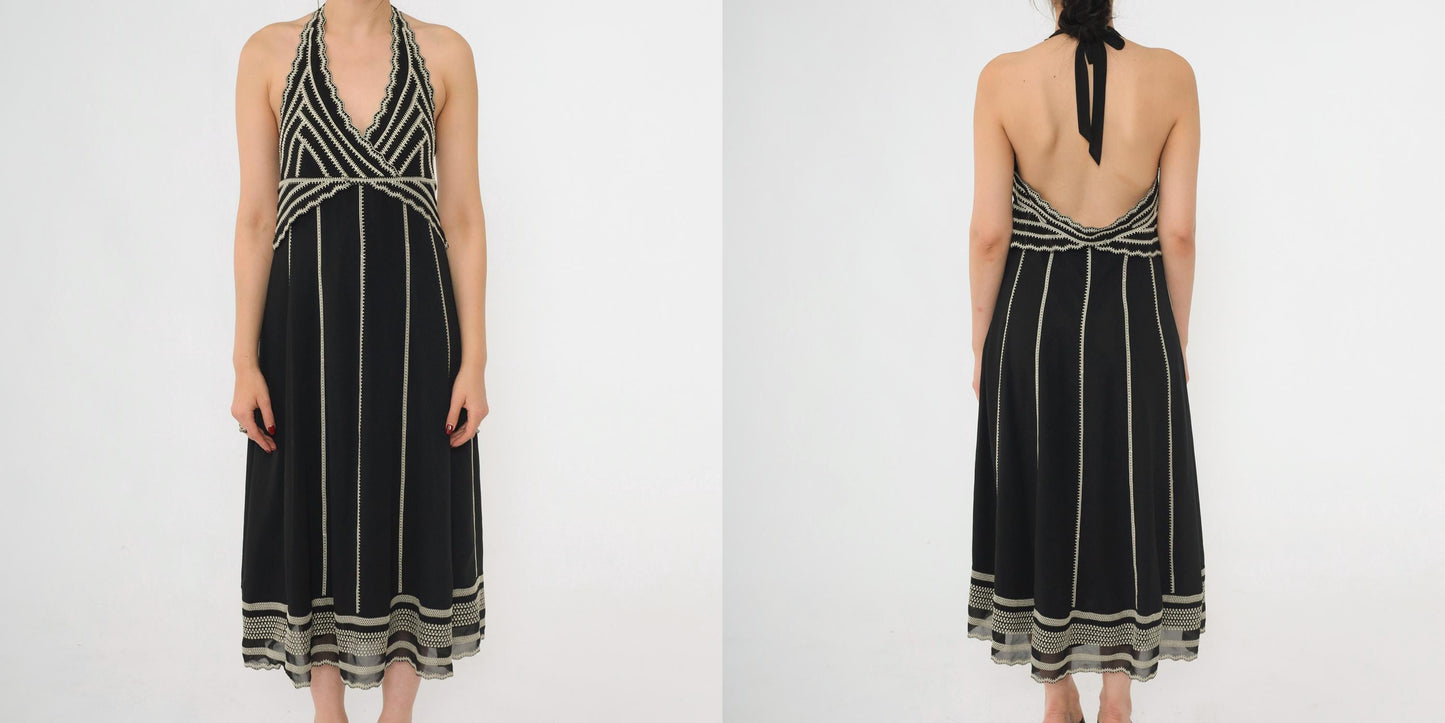 Y2K Eliza J Black Halter Midi Dress Embroidered Beaded Empire Waist Small 6
