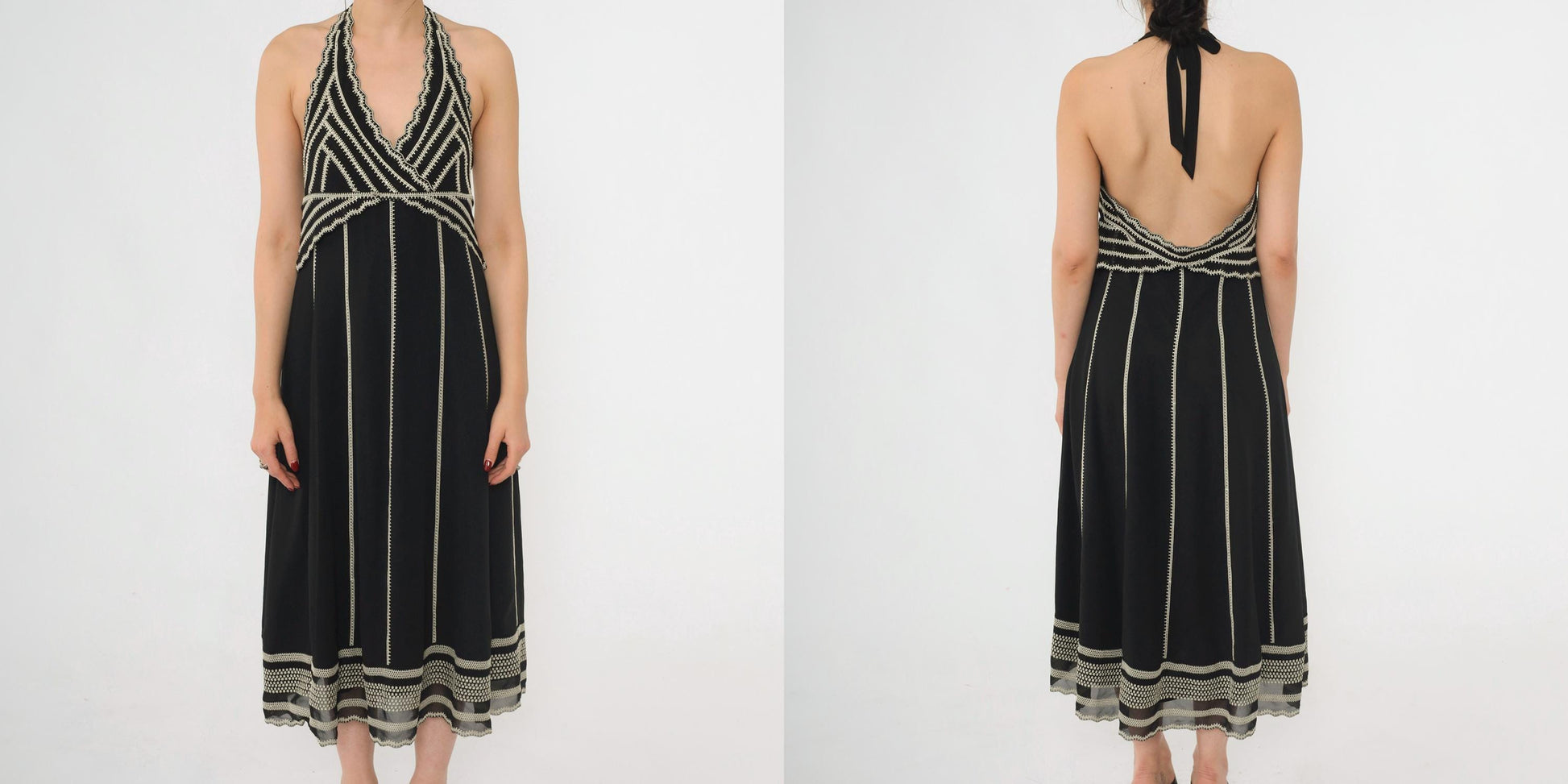 Y2K Eliza J Black Halter Midi Dress Embroidered Beaded Empire Waist Small 6