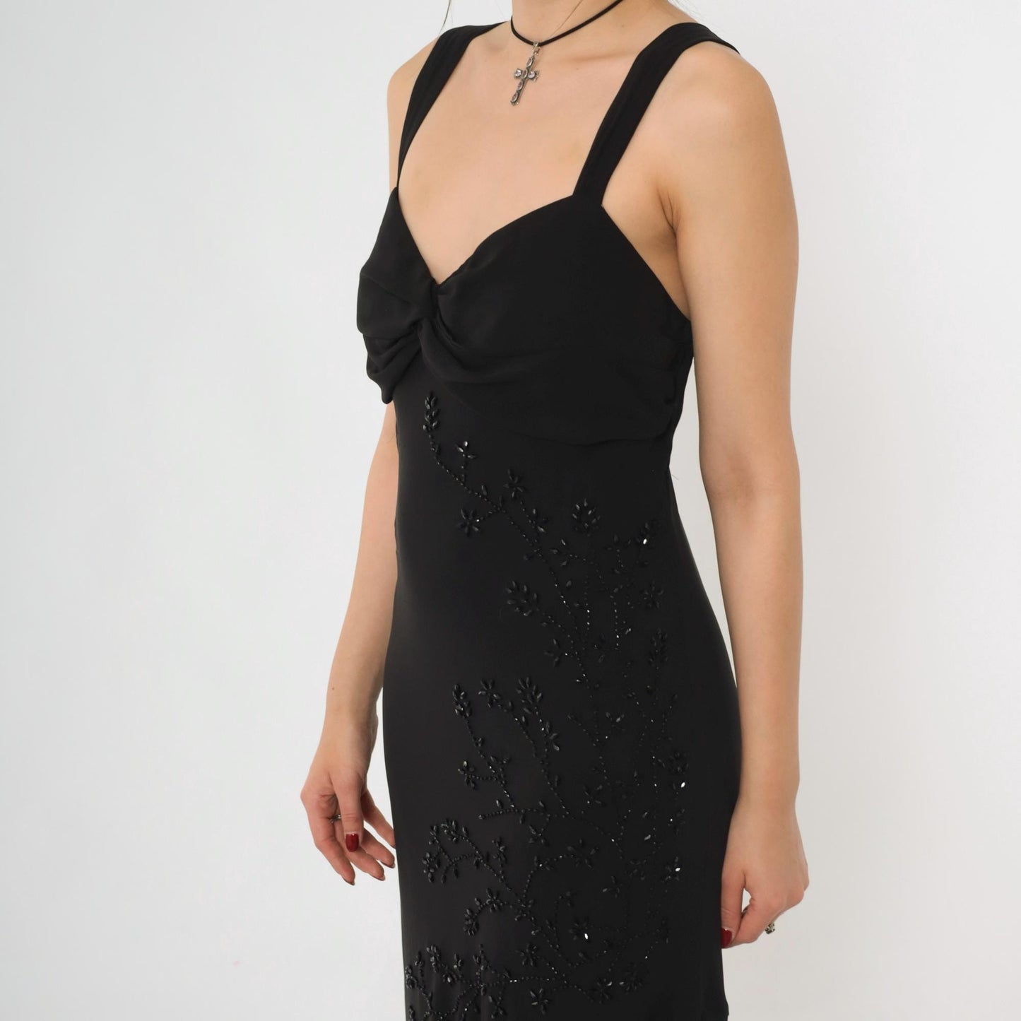 Y2K Black Chiffon Maxi Dress Floral Beading Sweetheart Neckline Large