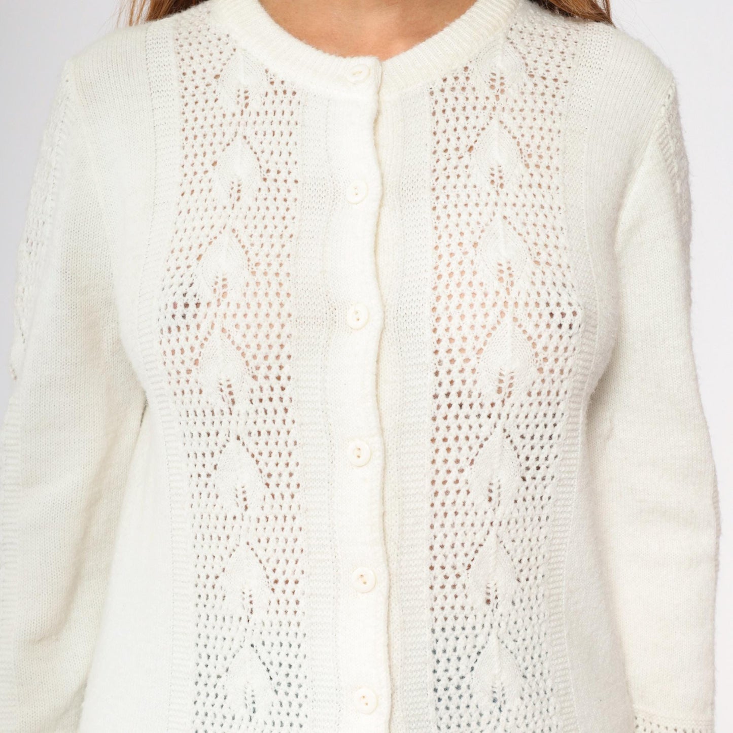 80s White Openwork Cardigan Leaf Motif Button-Up Crew Neck Small