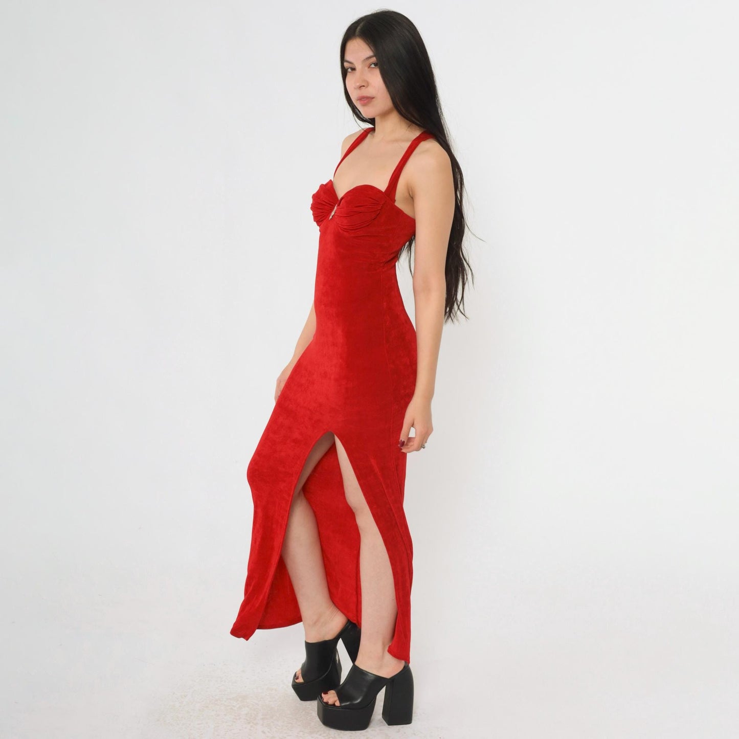 90s Florencia Fiume Red Maxi Dress Sweetheart Bustier High Slit Small