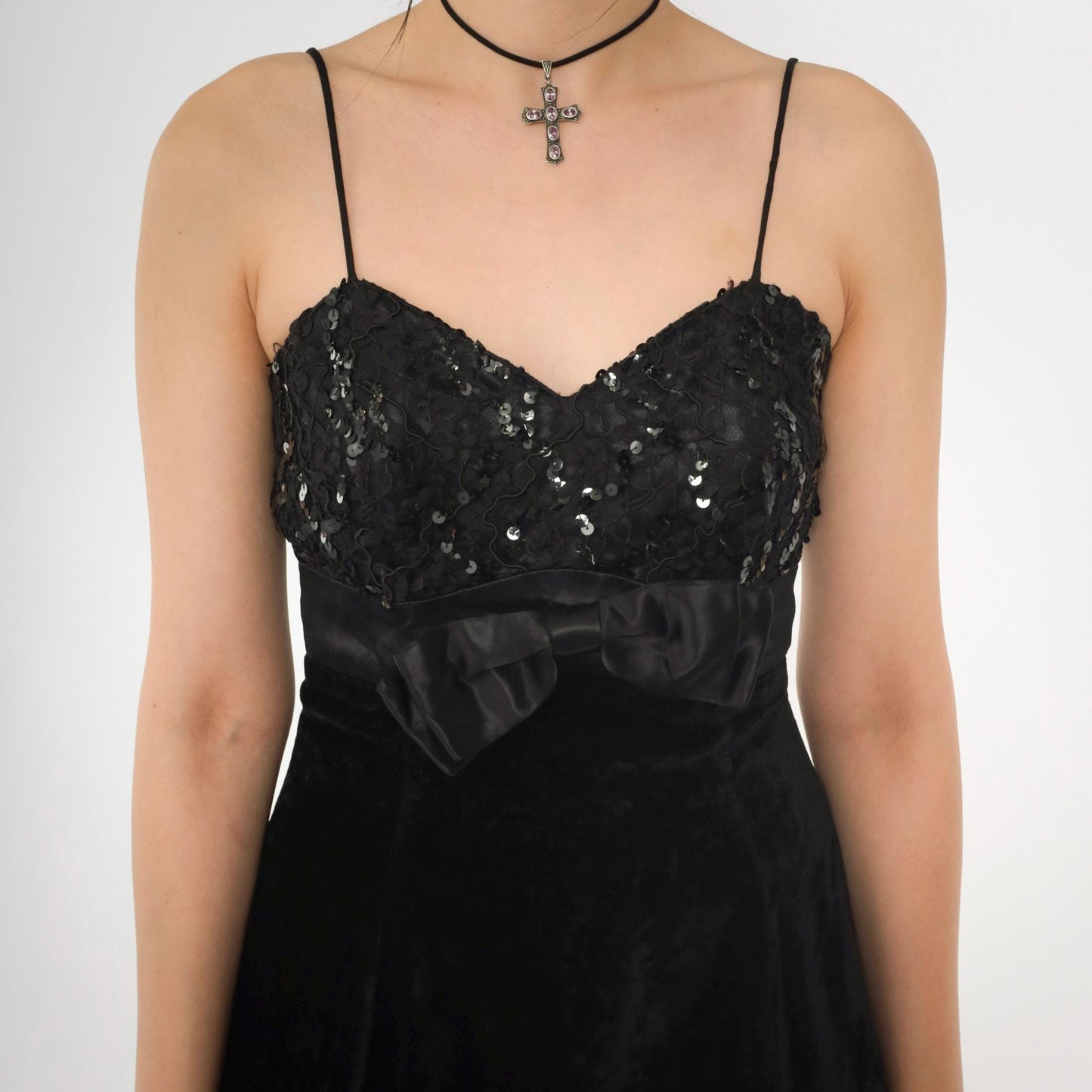 80s Black Velvet Lace Sequin Mini Dress Sweetheart Spaghetti Strap Empire Waist Extra Small