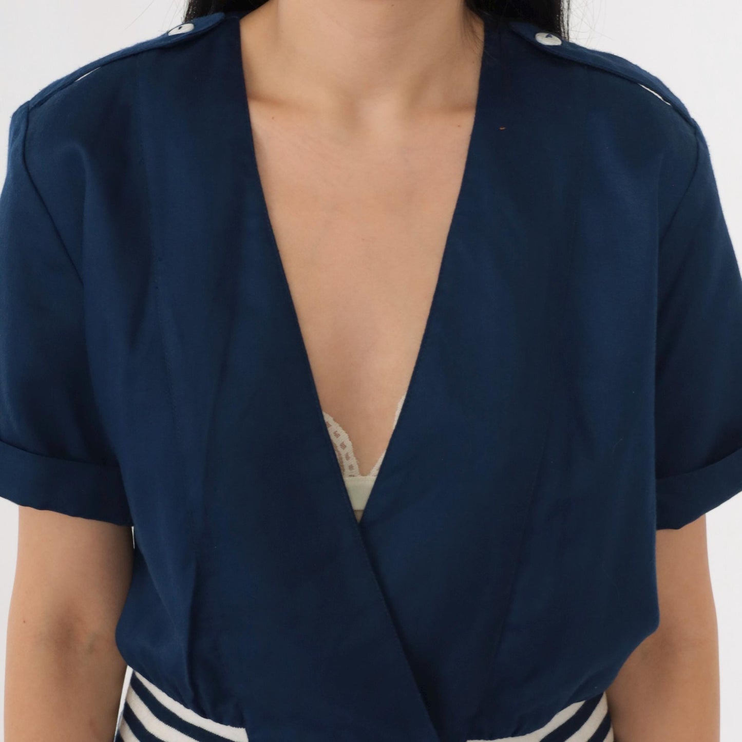 80s Lanz Nautical Striped Button-Up Blouse Deep V-Neck Dark Blue White Medium