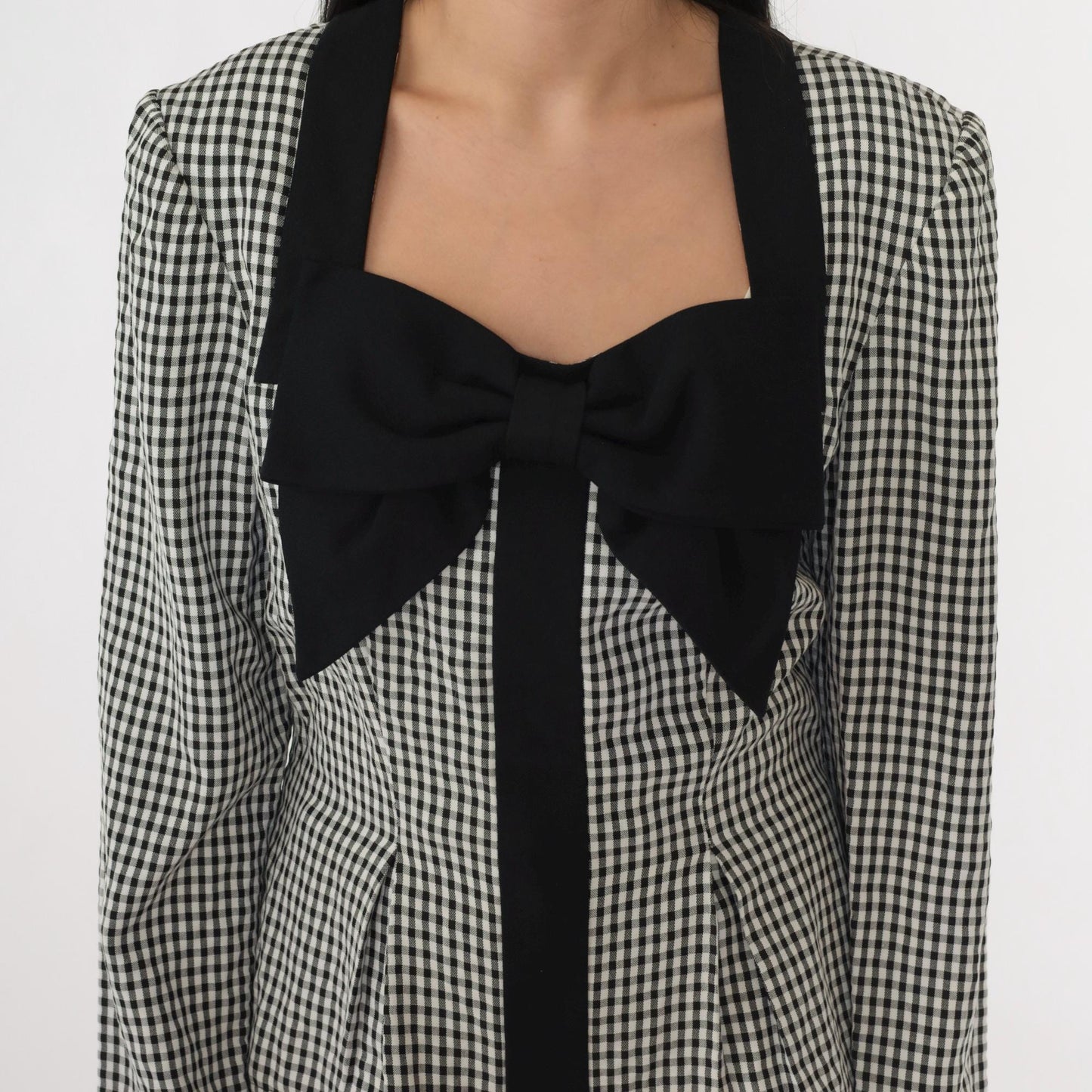 90s Black Gingham Bow Blouse Long Sleeve Checkered Shirt Medium 8