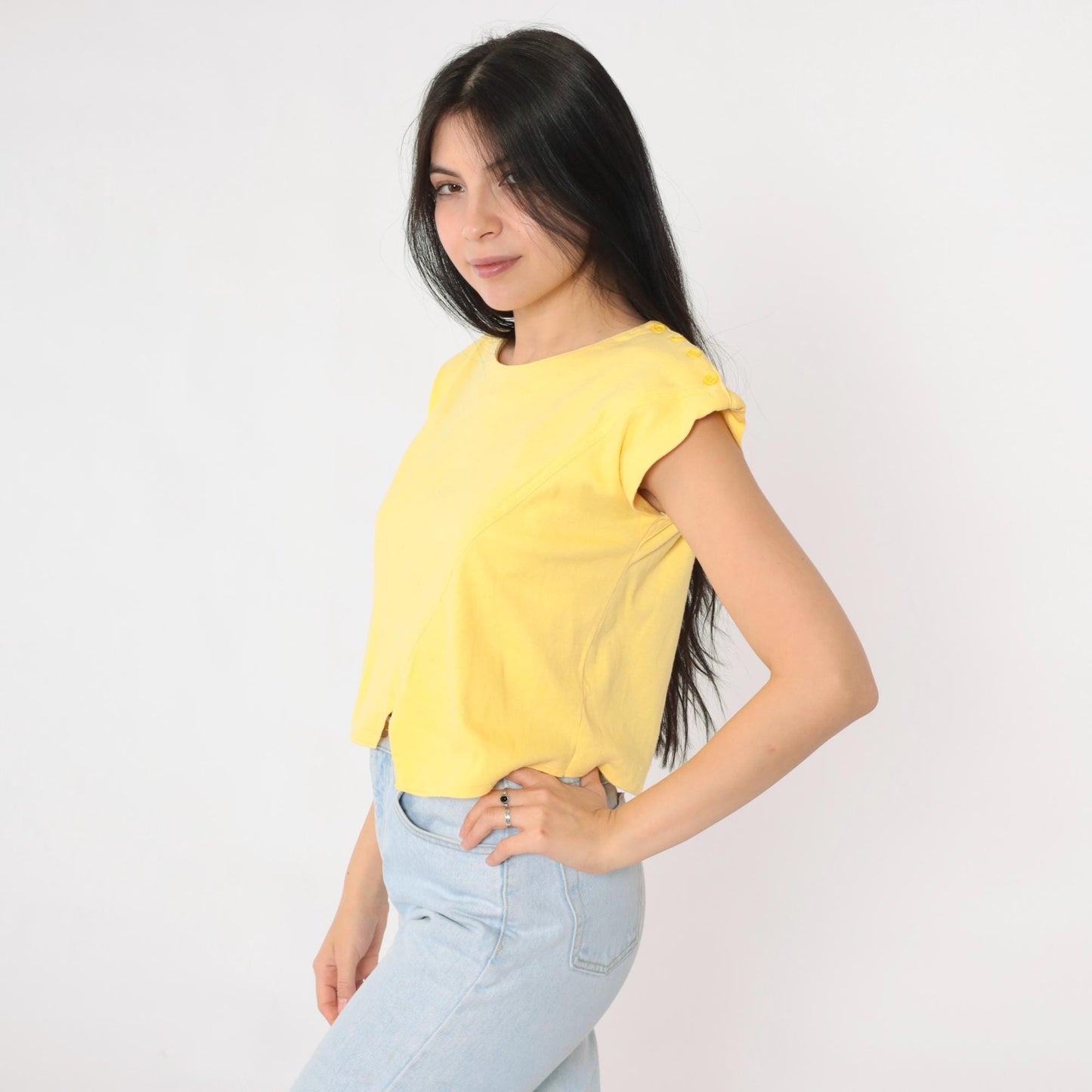 80s Yellow Asymmetric Hem Cap Sleeve Crop Top Cotton Blend Small S
