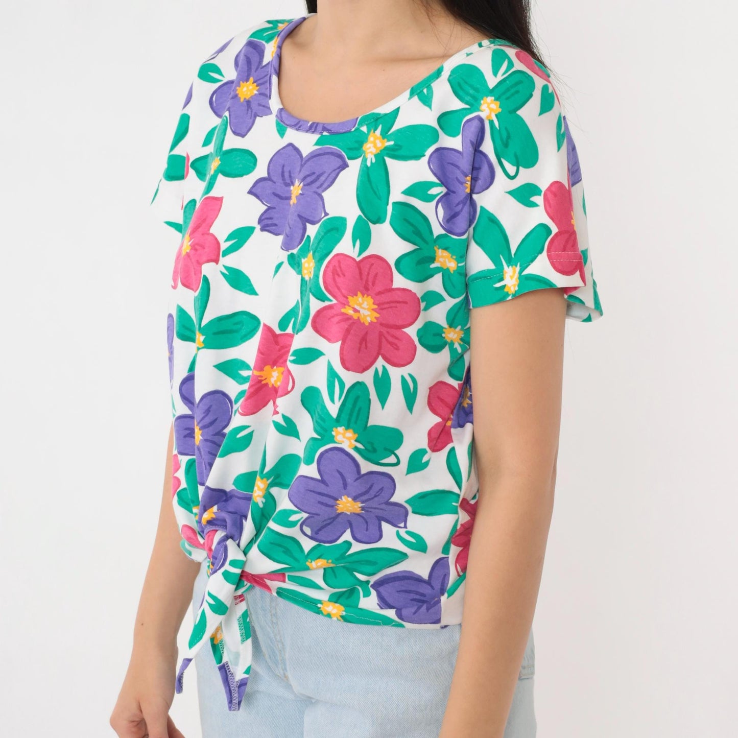 90s Aileen Petites Floral Tie Waist Graphic Tee White Short Sleeve Medium