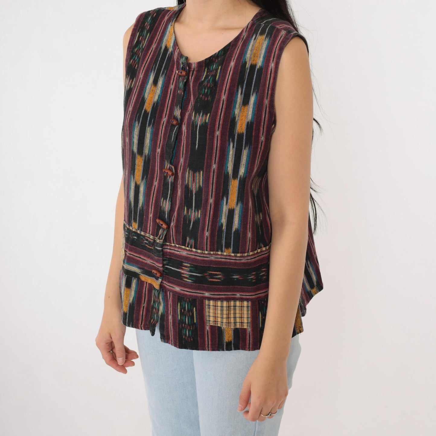 90s Ikat Striped Sleeveless Button-Up Shirt Black Multicolor Medium M