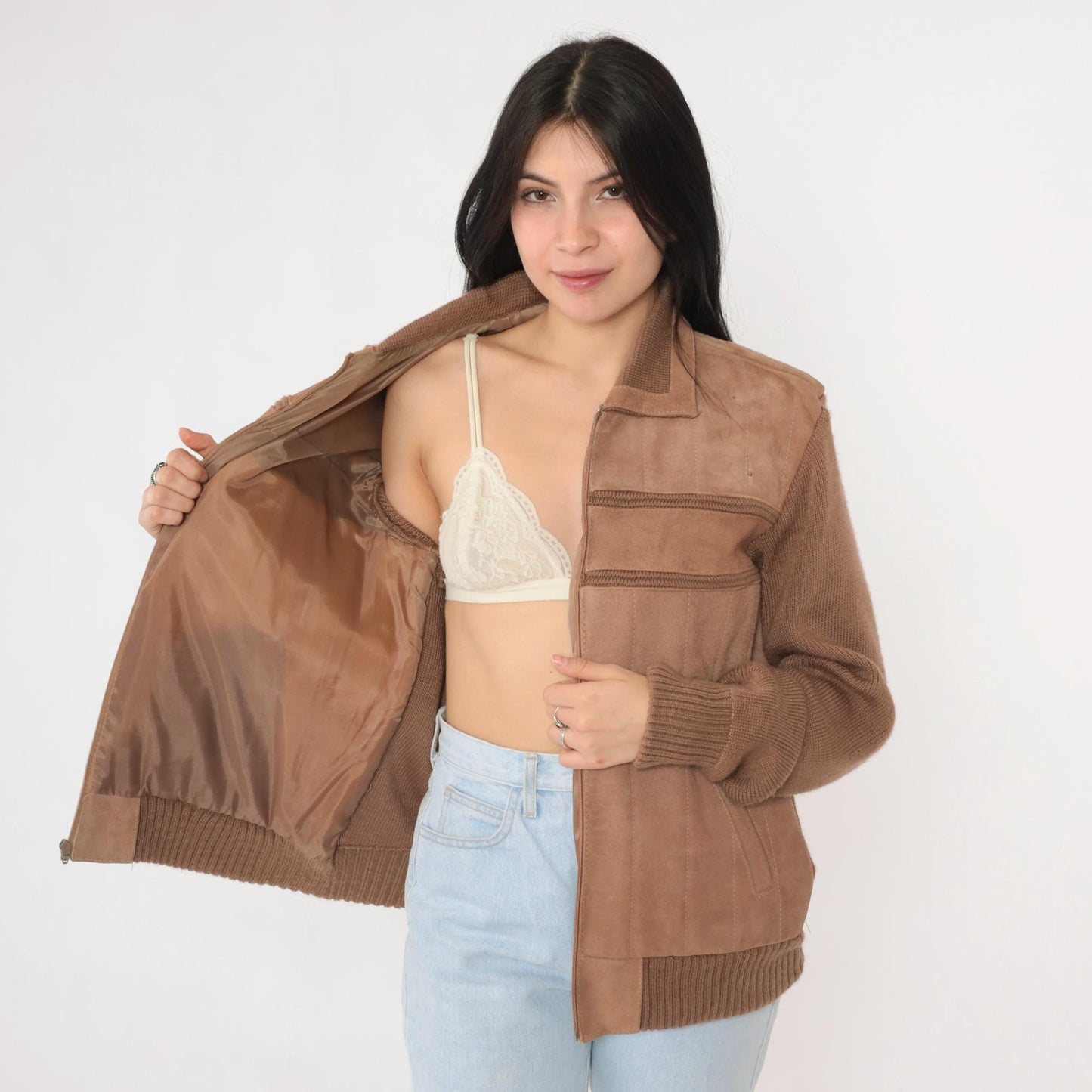 80s Repage Brown Suede Leather Bomber Jacket Striped Knit Medium