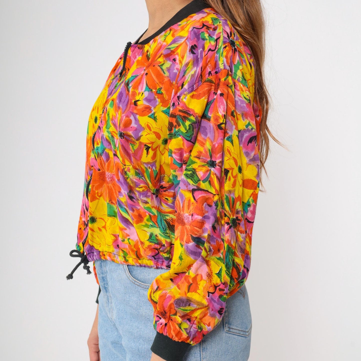 90s Floral Abstract Bomber Jacket Windbreaker Cropped Zip Drawstring Small