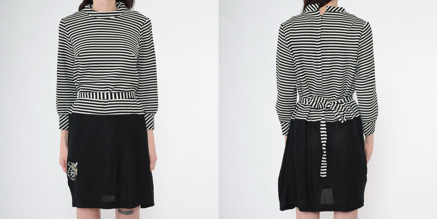60s Mod Shift Dress Black White Striped Embroidered Mini Long Sleeve Medium M