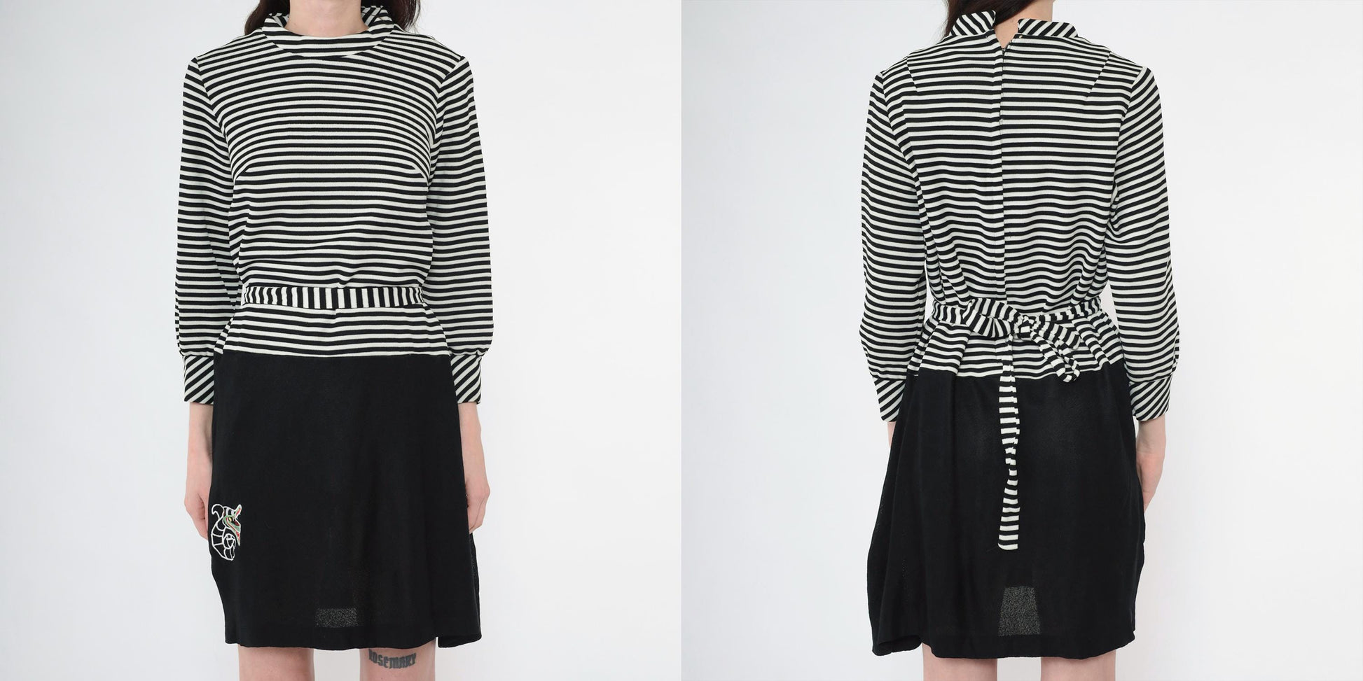 60s Mod Shift Dress Black White Striped Embroidered Mini Long Sleeve Medium M