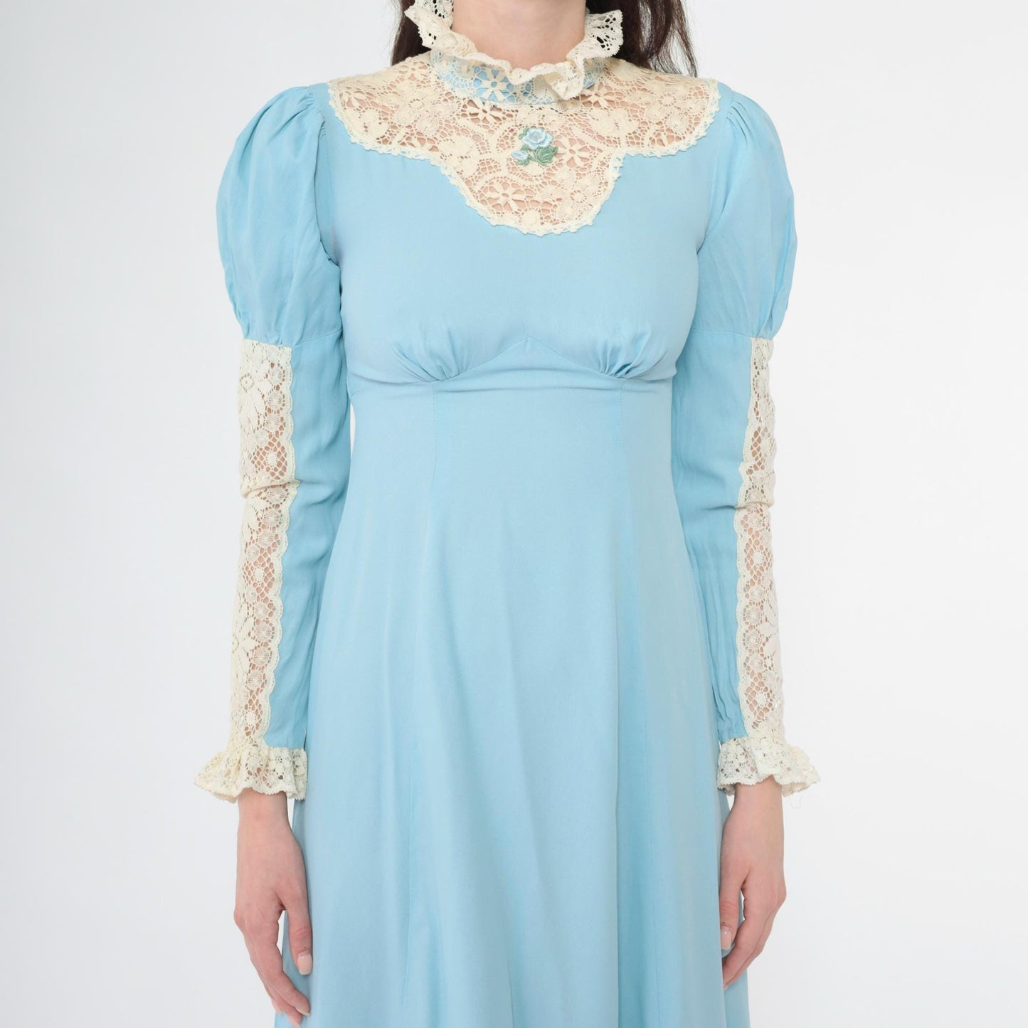 70s Light Blue Maxi Dress Lace Yoke Puff Sleeve High Neck Empire Waist Extra Small