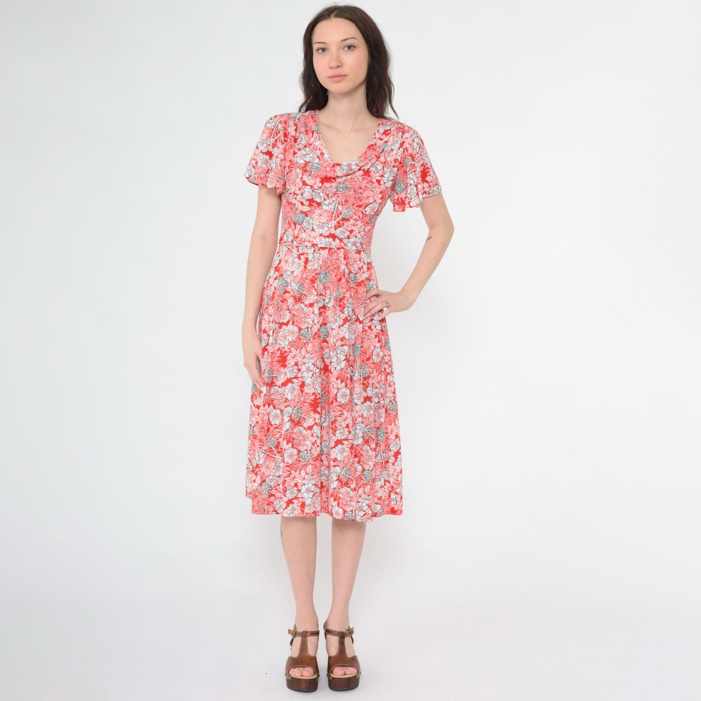 70s Red Floral Midi Dress Cowl Neck Flutter Sleeve High Waist Extra Small