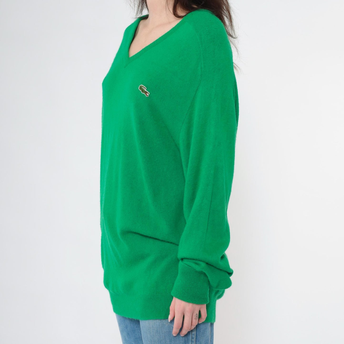 80s Izod Lacoste Green V-Neck Sweater Crocodile Logo Pullover Large L