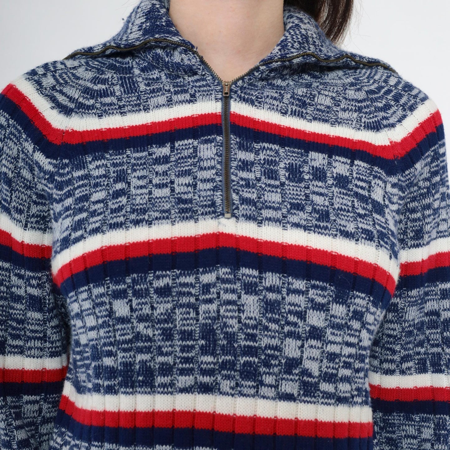 70s Space Dye Striped Quarter Zip Sweater Blue Red White Knit Small