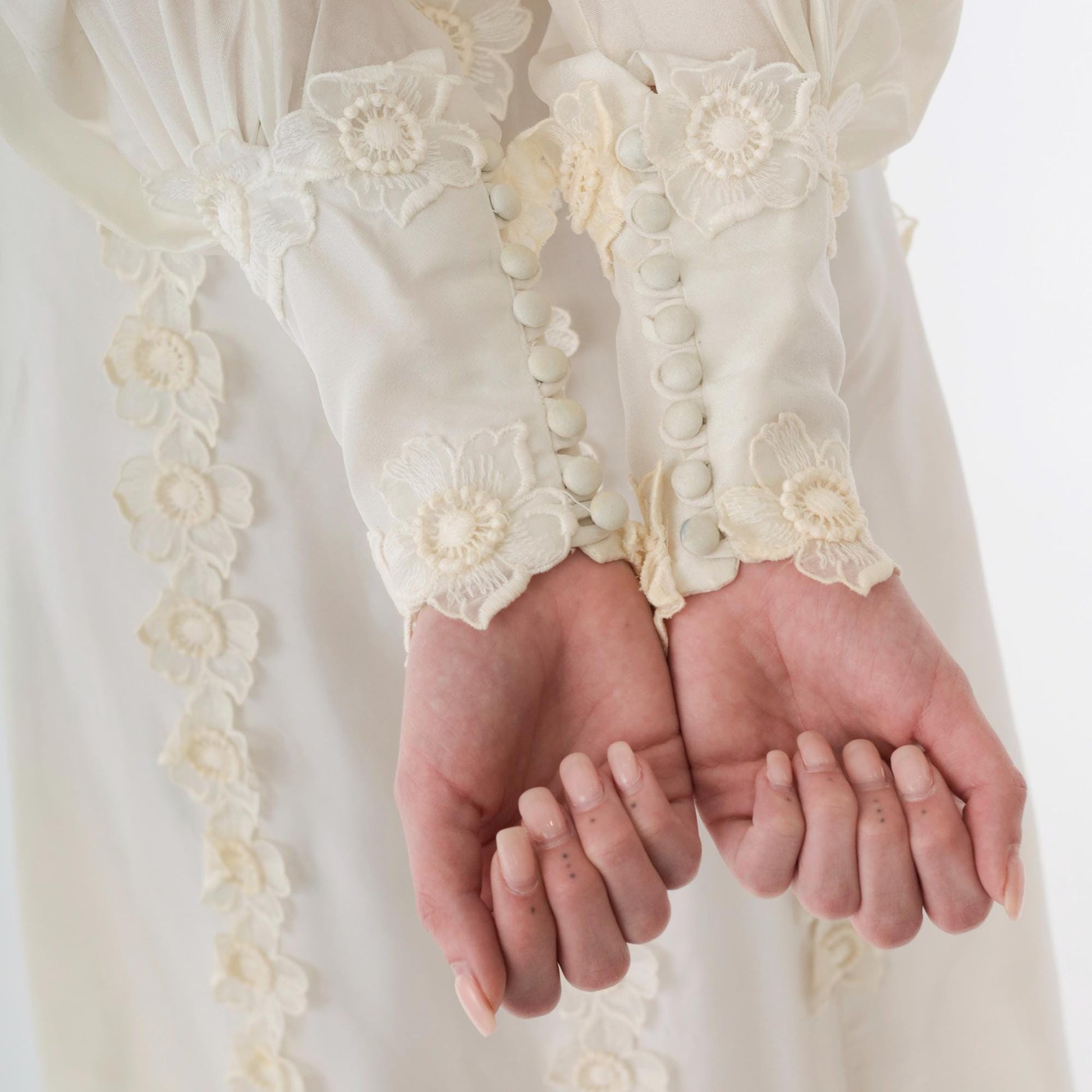 1960s Ivory Satin Wedding Dress Empire Waist Bishop Sleeve Floral Appliqué Extra Small