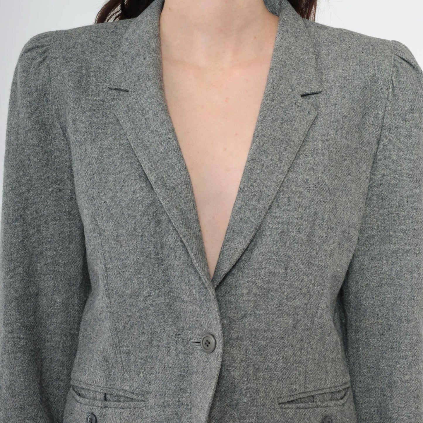 80s Grey Wool Blend Blazer Puff Sleeve Button-Up Jacket Small