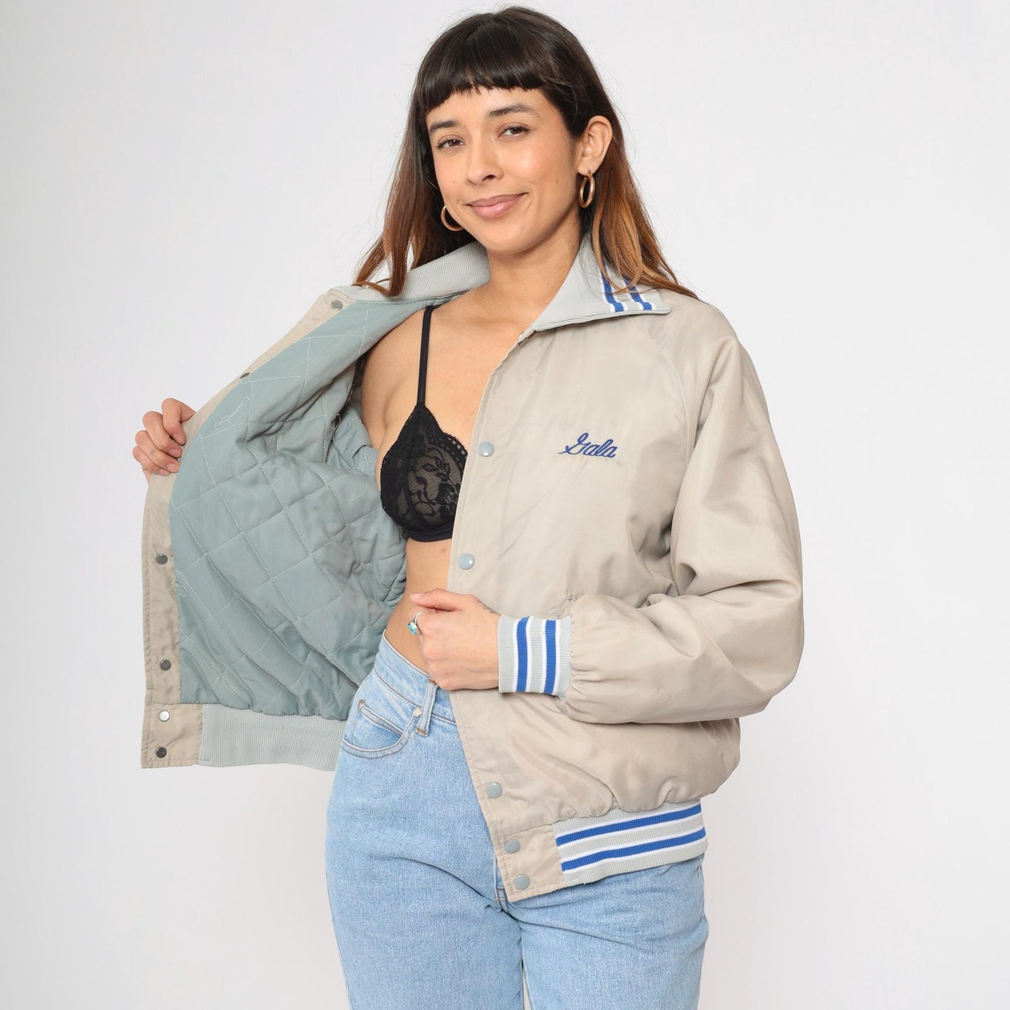 80s Butwin Veterinary Clinic Bomber Jacket Beige Royal Blue Snap Medium