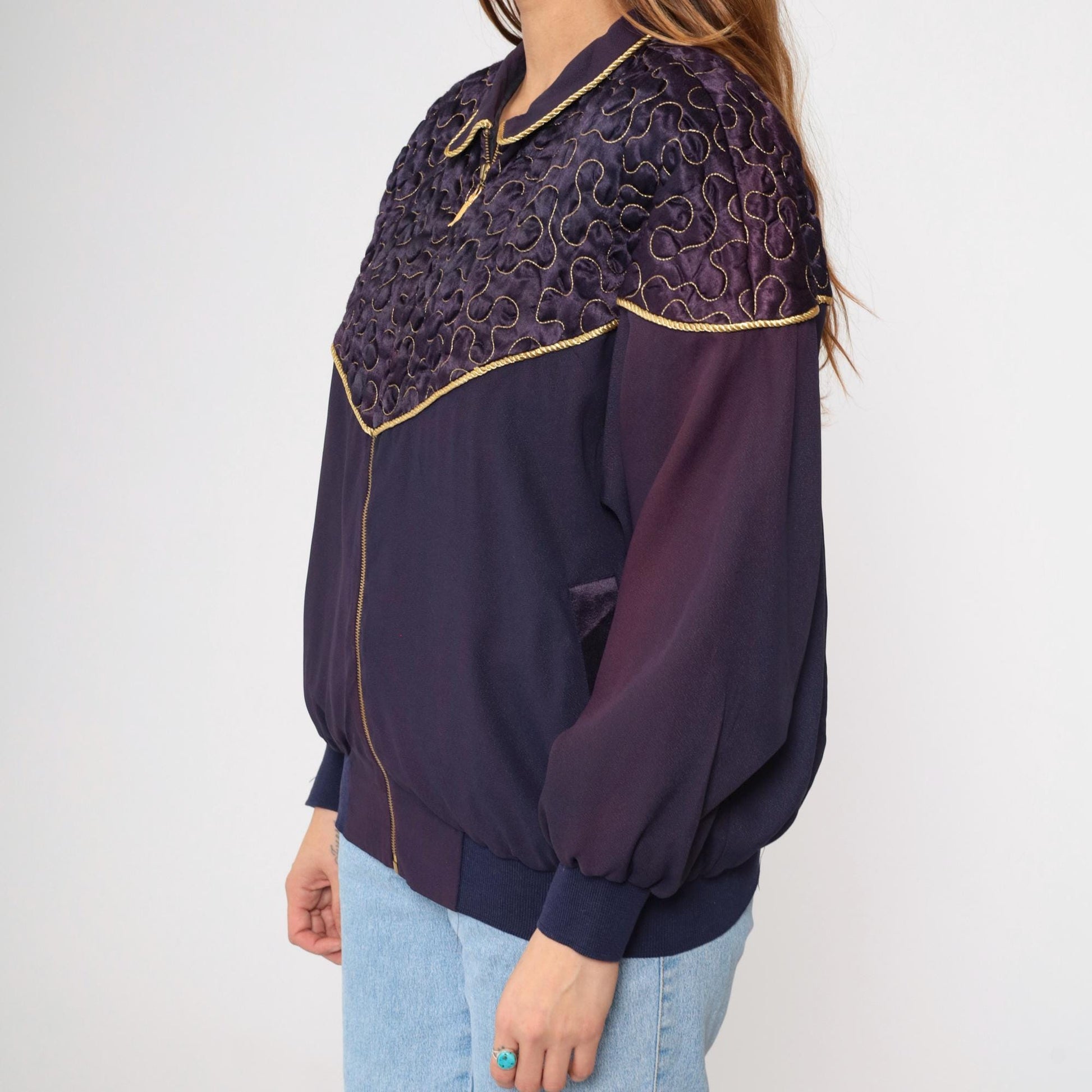 90s Purple Quilted Windbreaker Jacket Gold Trim Western Yoke Bomber Large L