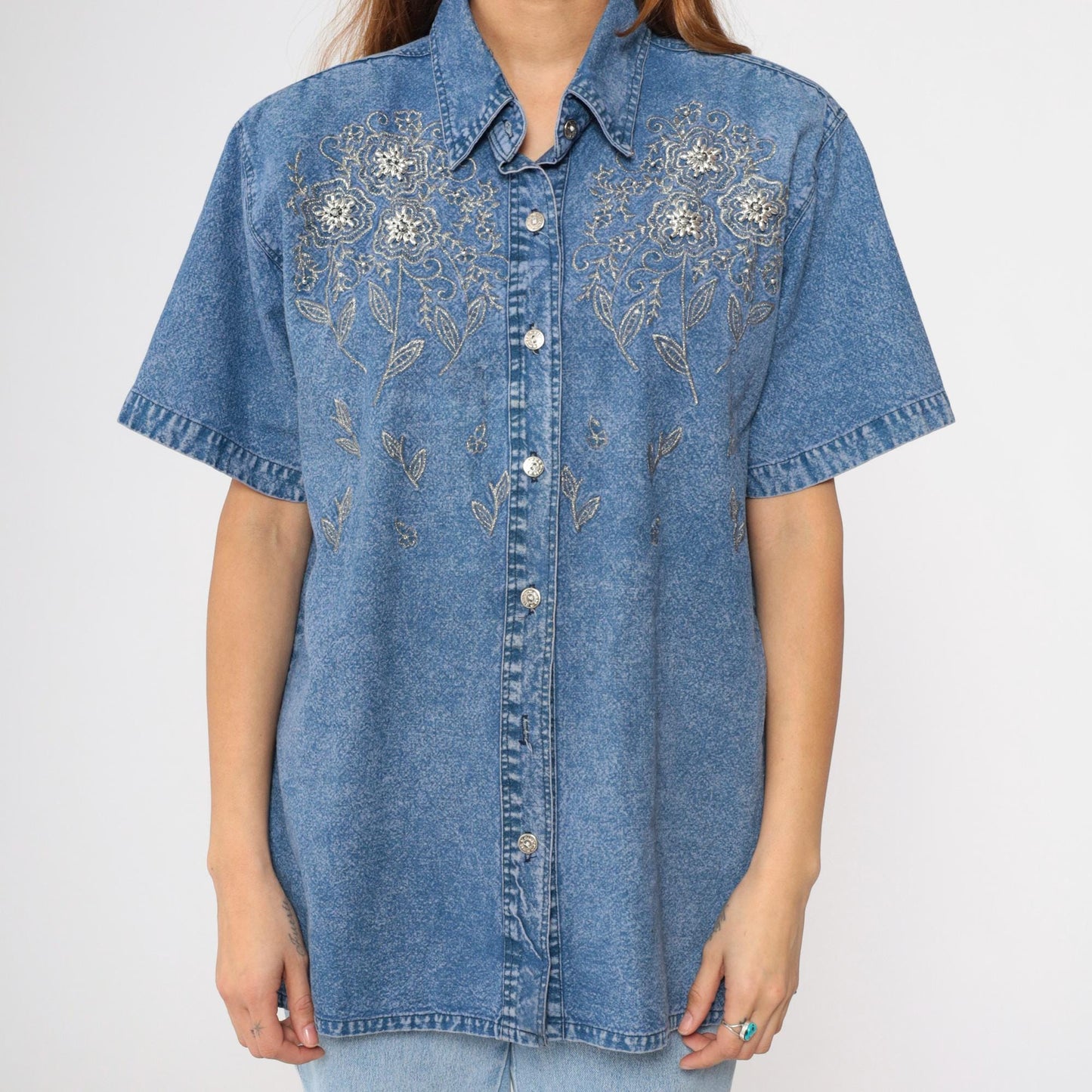 90s Club Z Denim Shirt Metallic Floral Embroidered Beaded Acid Wash Blue Medium M