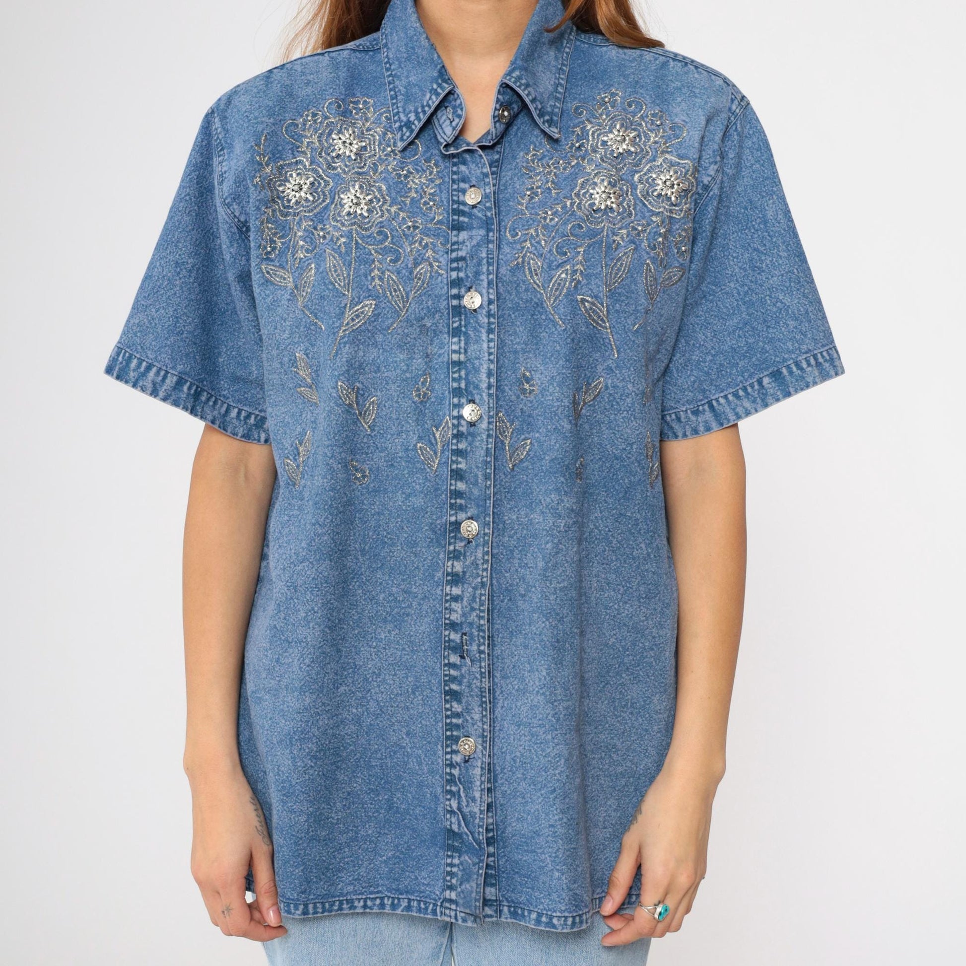 90s Club Z Denim Shirt Metallic Floral Embroidered Beaded Acid Wash Blue Medium M