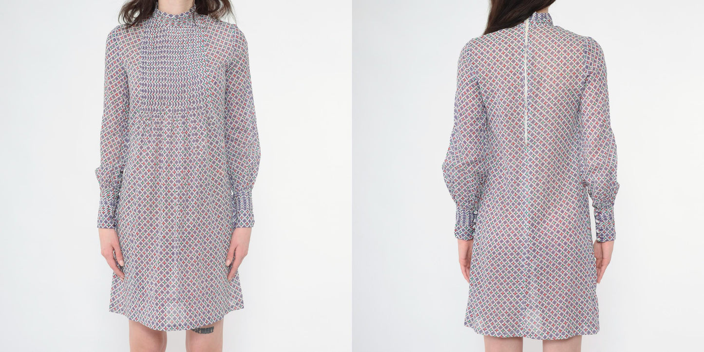 70s Purple Floral Abstract Shift Dress Pintuck Pleated Bib Long Sleeve Mini Extra Small