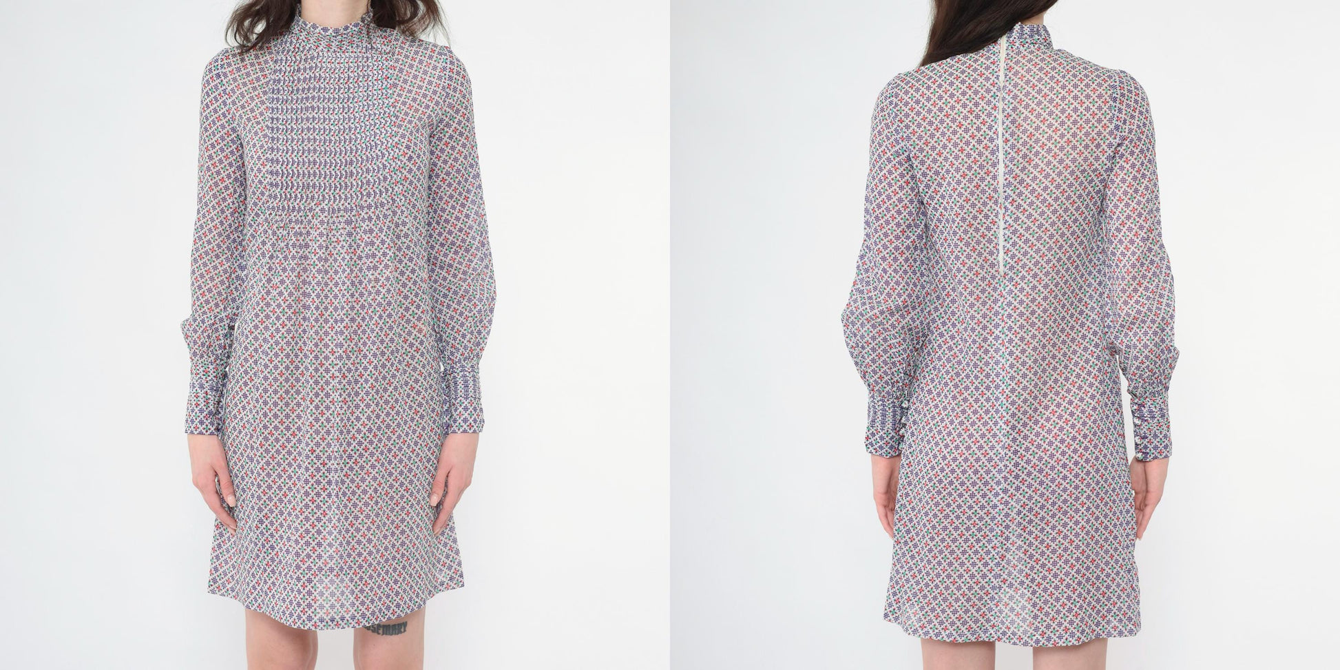 70s Purple Floral Abstract Shift Dress Pintuck Pleated Bib Long Sleeve Mini Extra Small