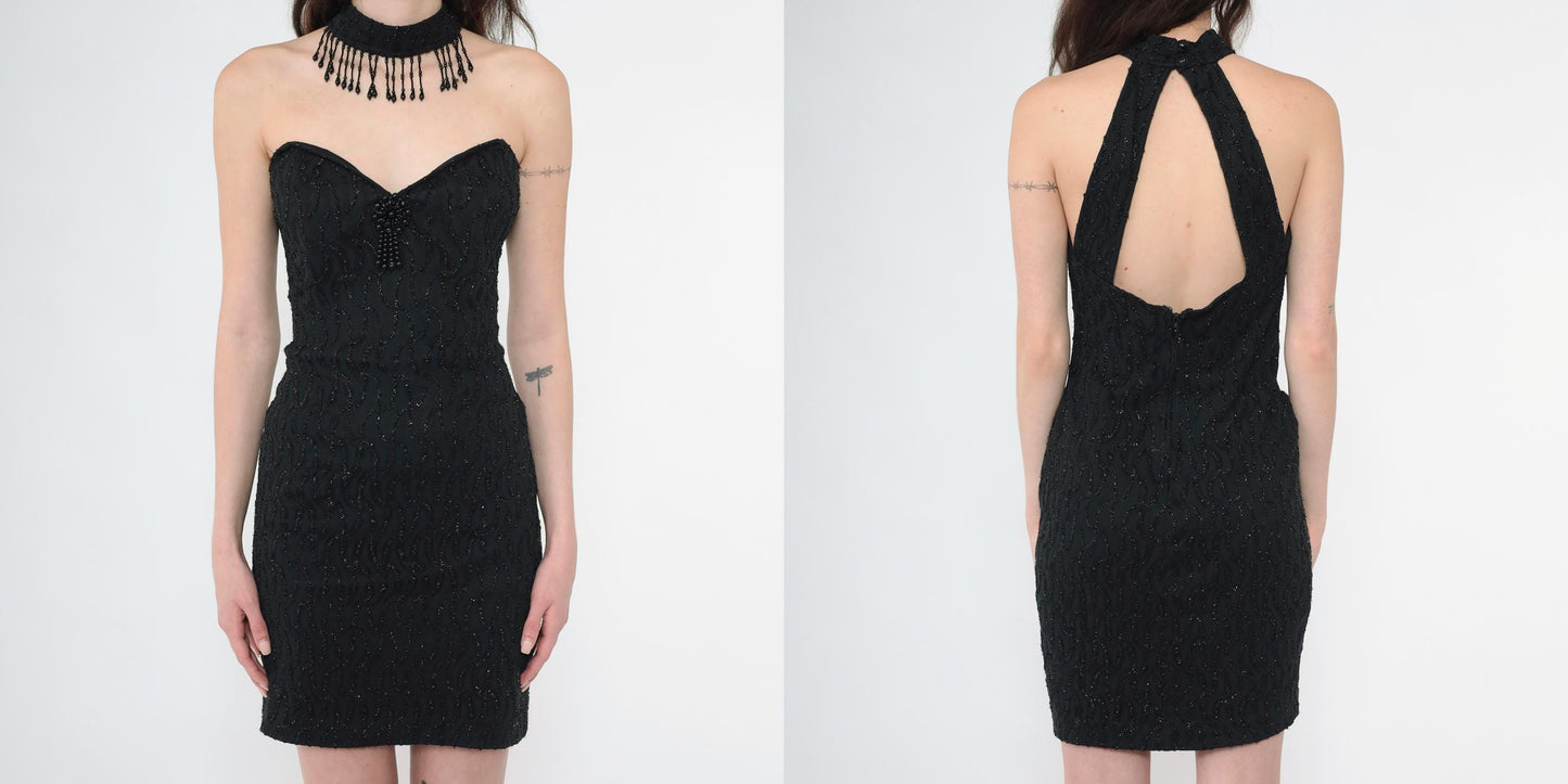90s Black Beaded Lace Cocktail Dress Choker Neck Open Back Mini Small