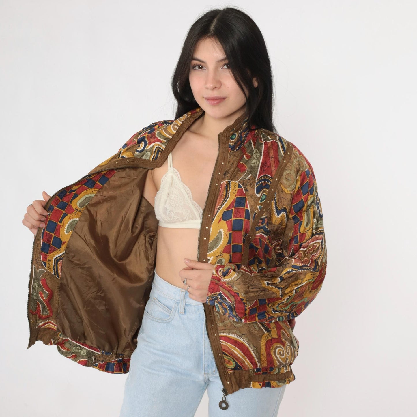 90s Mureli Silk Windbreaker Jacket Abstract Leaf Print Brown Studded Medium M