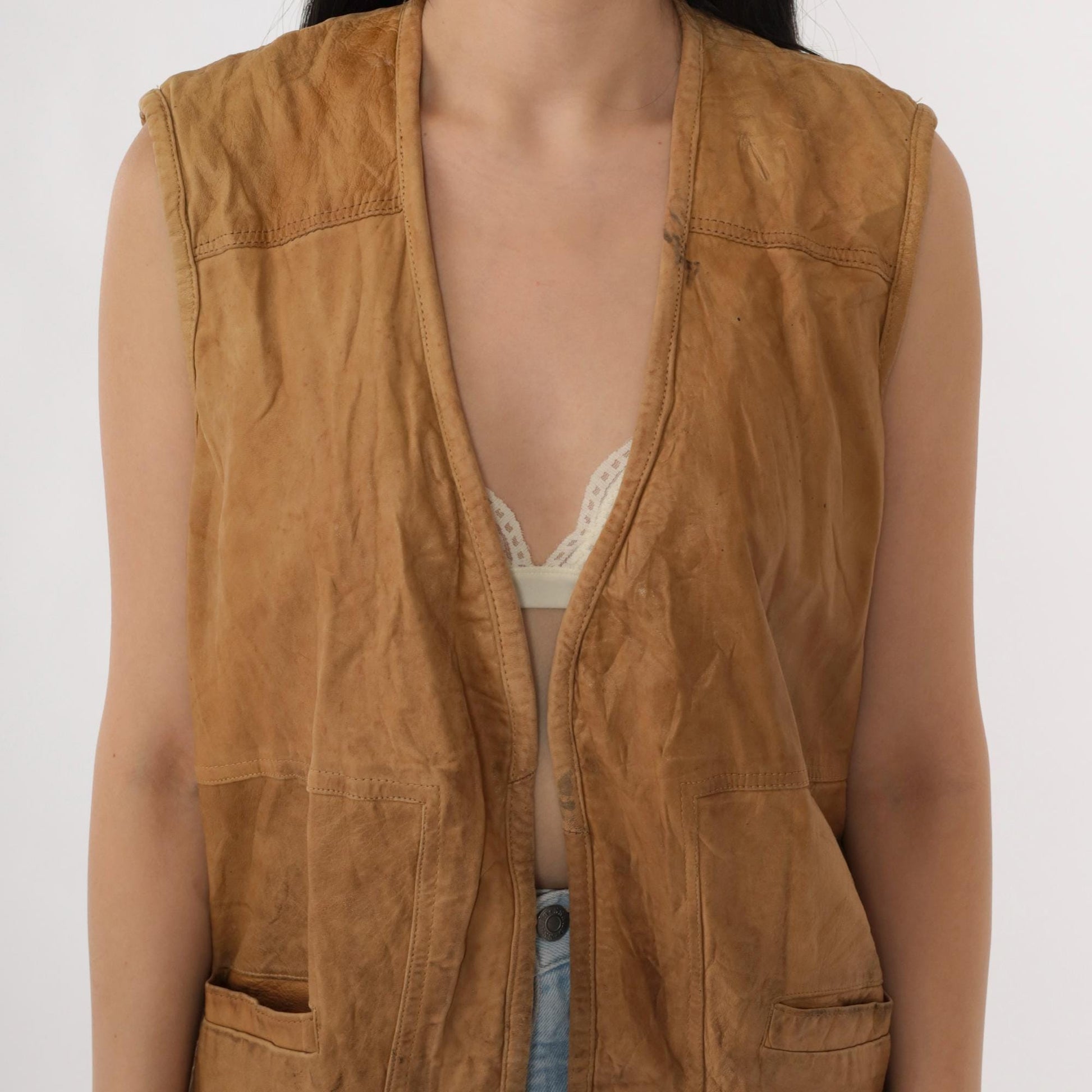 80s Petronio Tan Leather Vest Open Front Utility Large