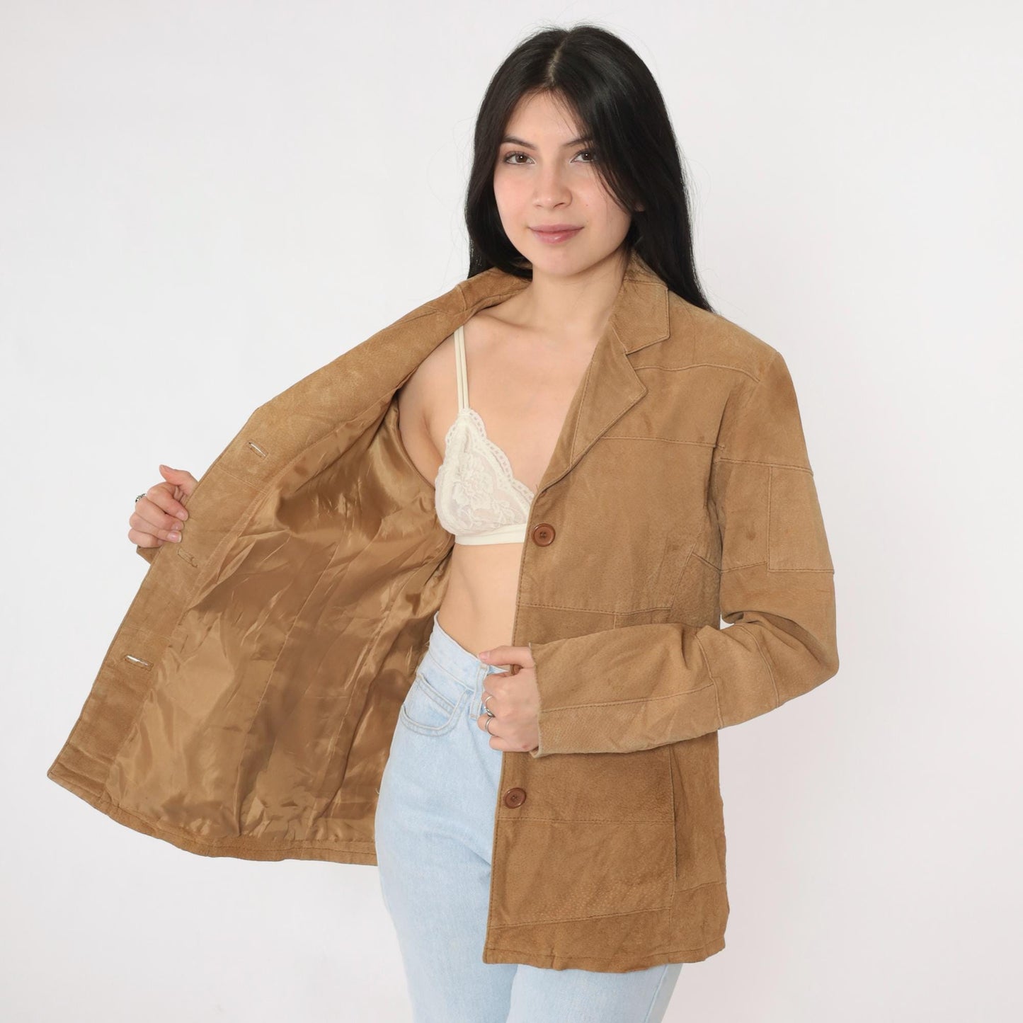 Y2K Tan Suede Leather Jacket Button Front Blazer Medium M