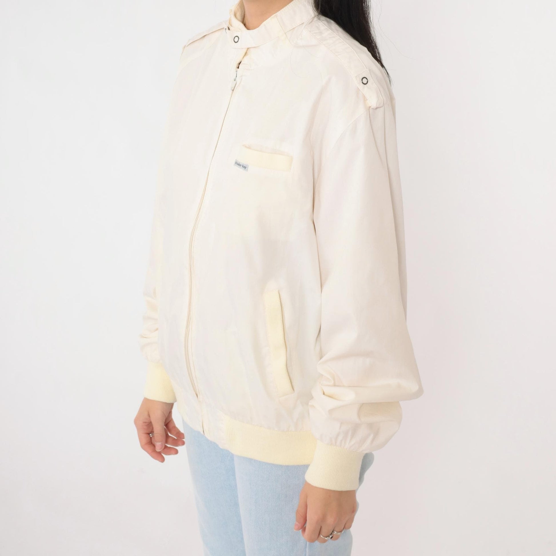 80s Cafe Racer Jacket Ivory Bomber Windbreaker Yellow Trim Epaulette Large L