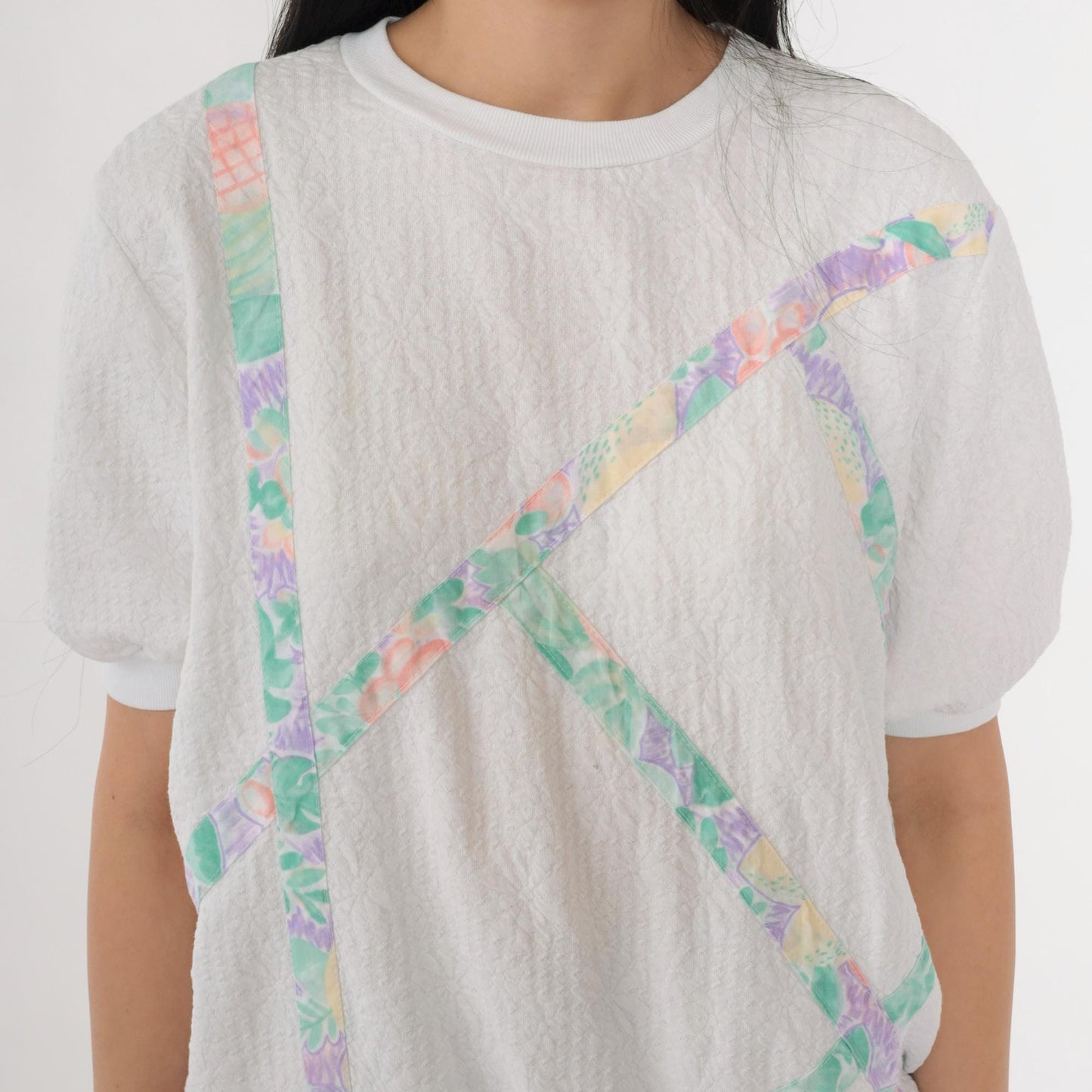 90s White Fruit Print Striped Short Sleeve Shirt Banded Hem Medium