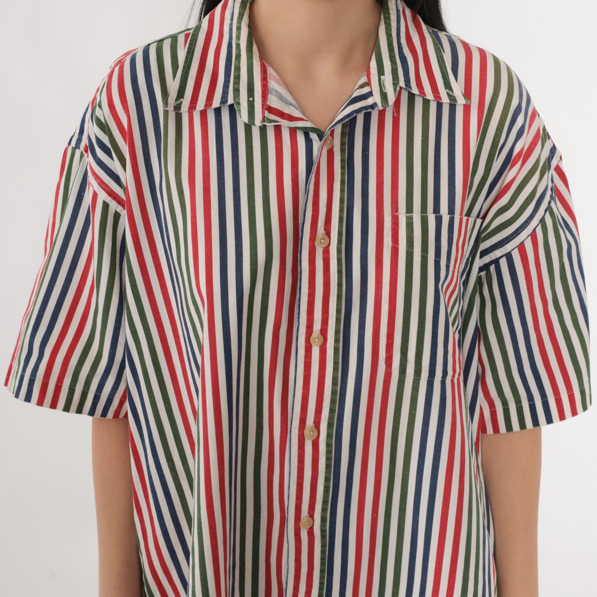 90s Appalachian Trail Striped Cotton Button-Up Shirt Green Blue Red Men's Large