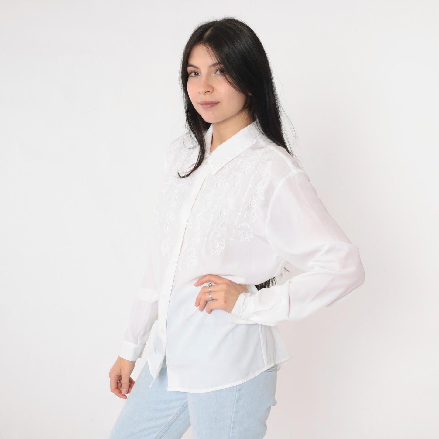 90s White Soutache Embroidered Blouse Floral Button-Up Long Sleeve Medium