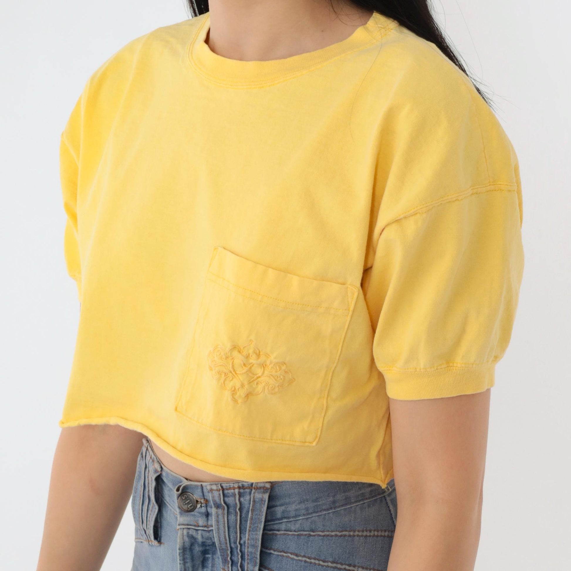 90s Yellow Crop Top Embroidered Pocket T-Shirt Small Medium