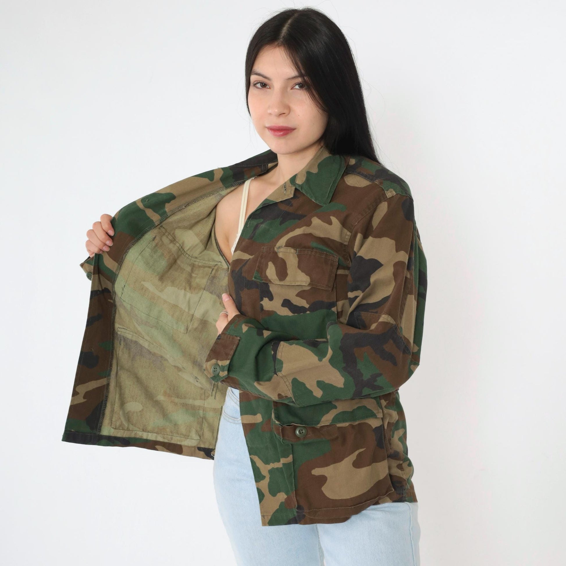 90s Woodland Camouflage Military Jacket Button Front Utility XSmall