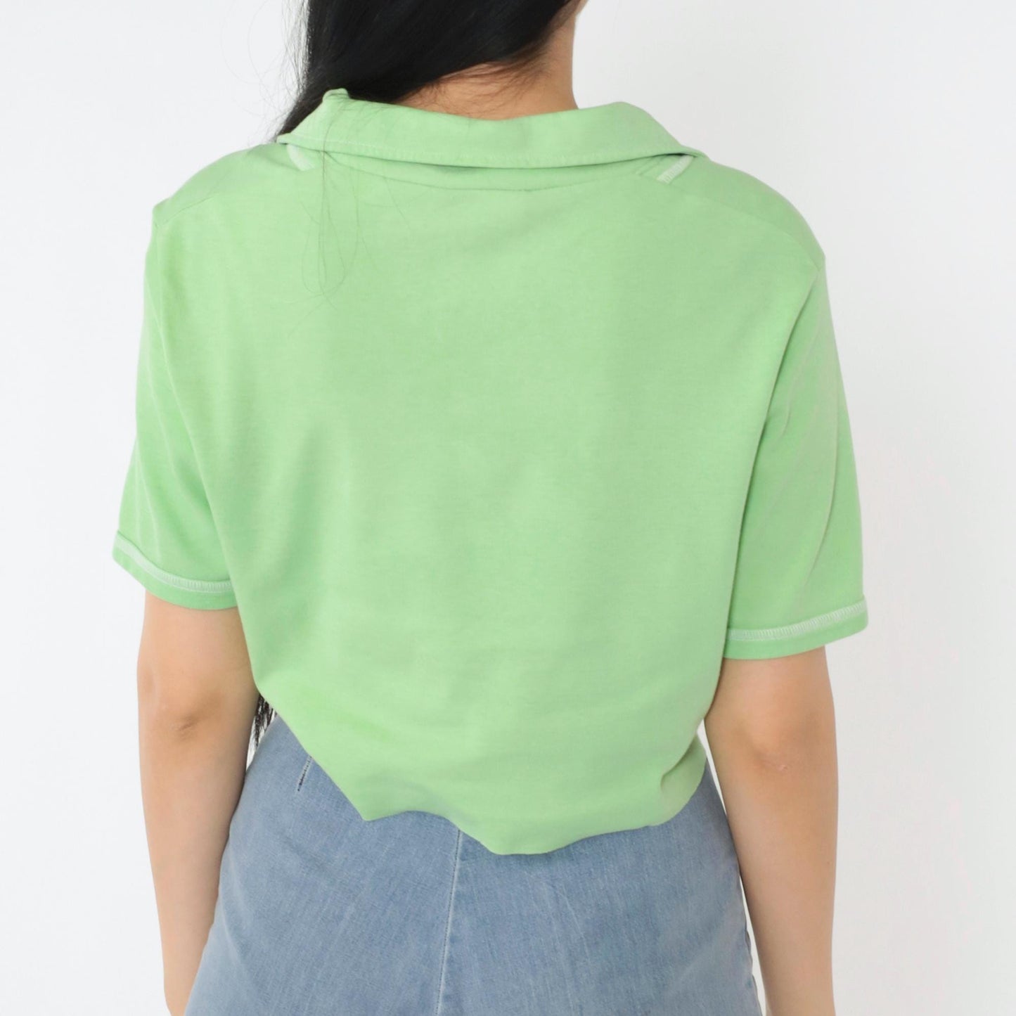 70s Mint Green Cropped Collared Blouse Short Sleeve Raw Hem Small Medium