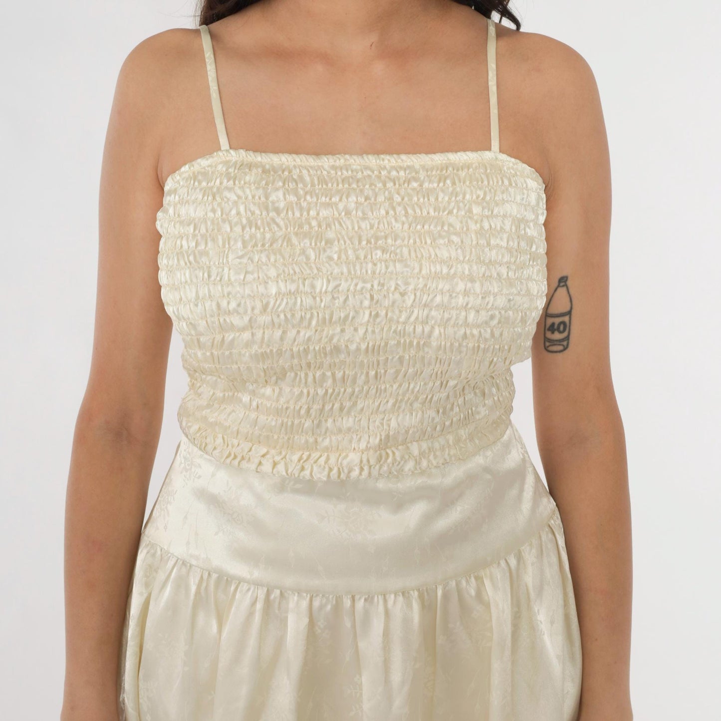80s Ivory Satin Jacquard Midi Dress Ruched Bodice Spaghetti Strap Small