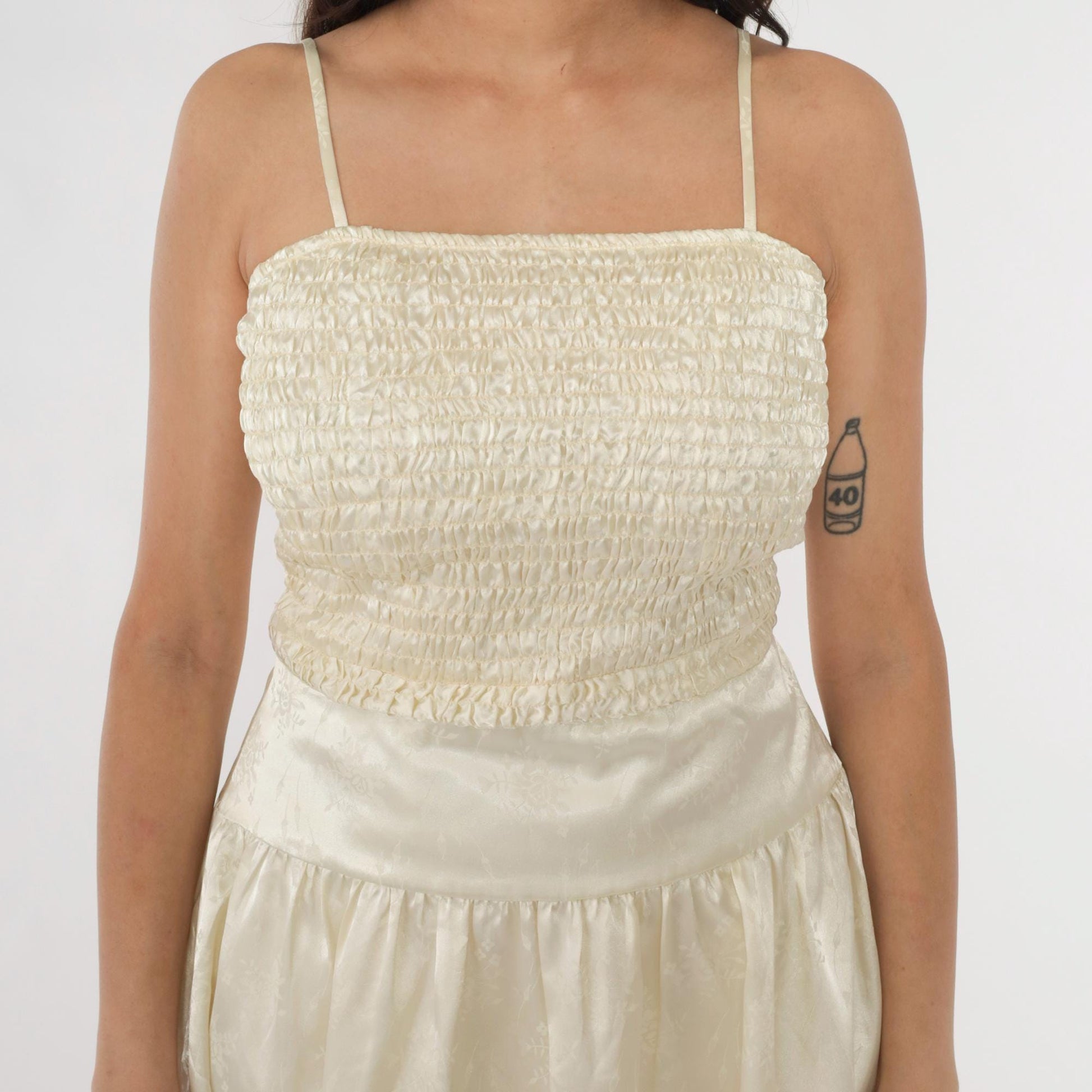 80s Ivory Satin Jacquard Midi Dress Ruched Bodice Spaghetti Strap Small