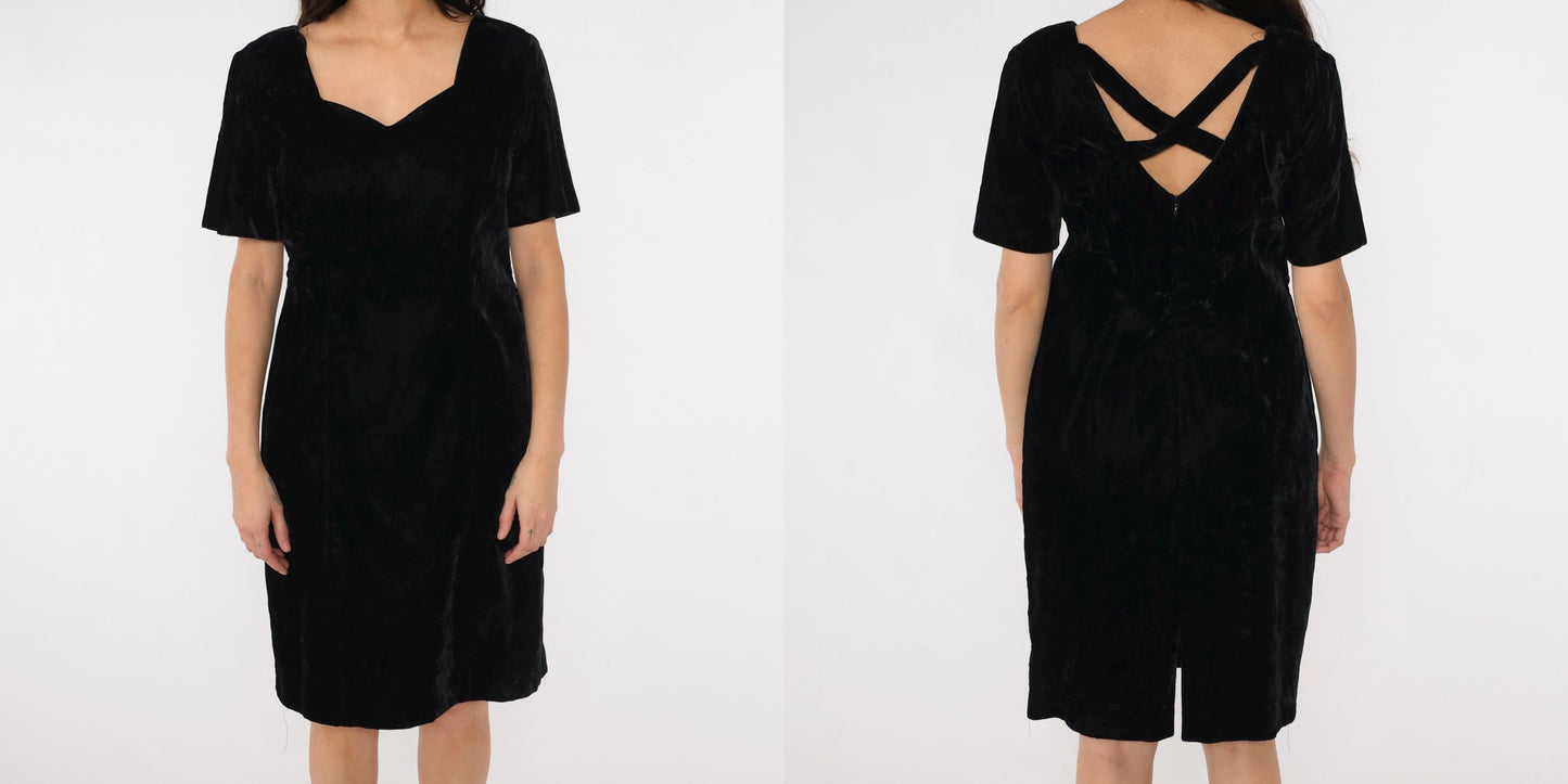 90s Black Velvet Dress Criss-Cross Back Sweetheart Neckline Knee-Length Medium