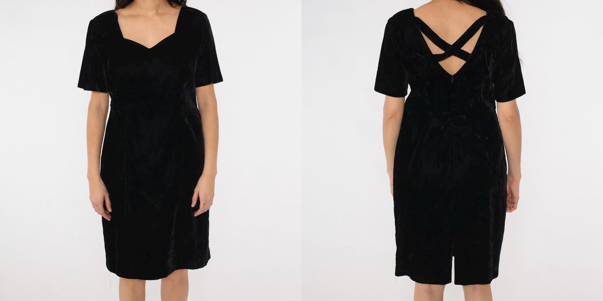 90s Black Velvet Dress Criss-Cross Back Sweetheart Neckline Knee-Length Medium