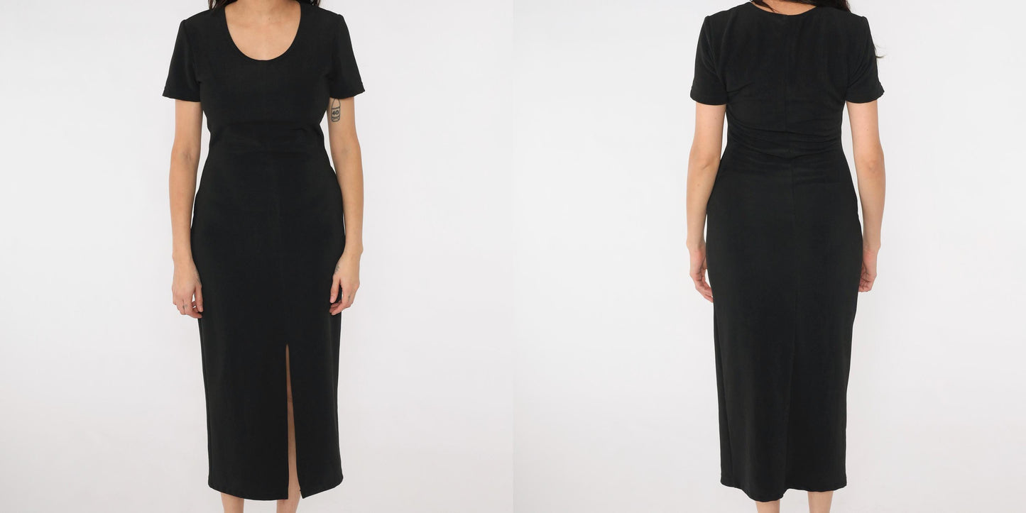 90s Black Bodycon Midi Dress Front Slit Scoop Neck Short Sleeve Medium